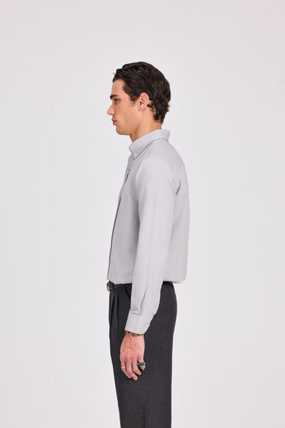 قميص رمادي أنيق كاجوال من البوليستر القطني الجاكار