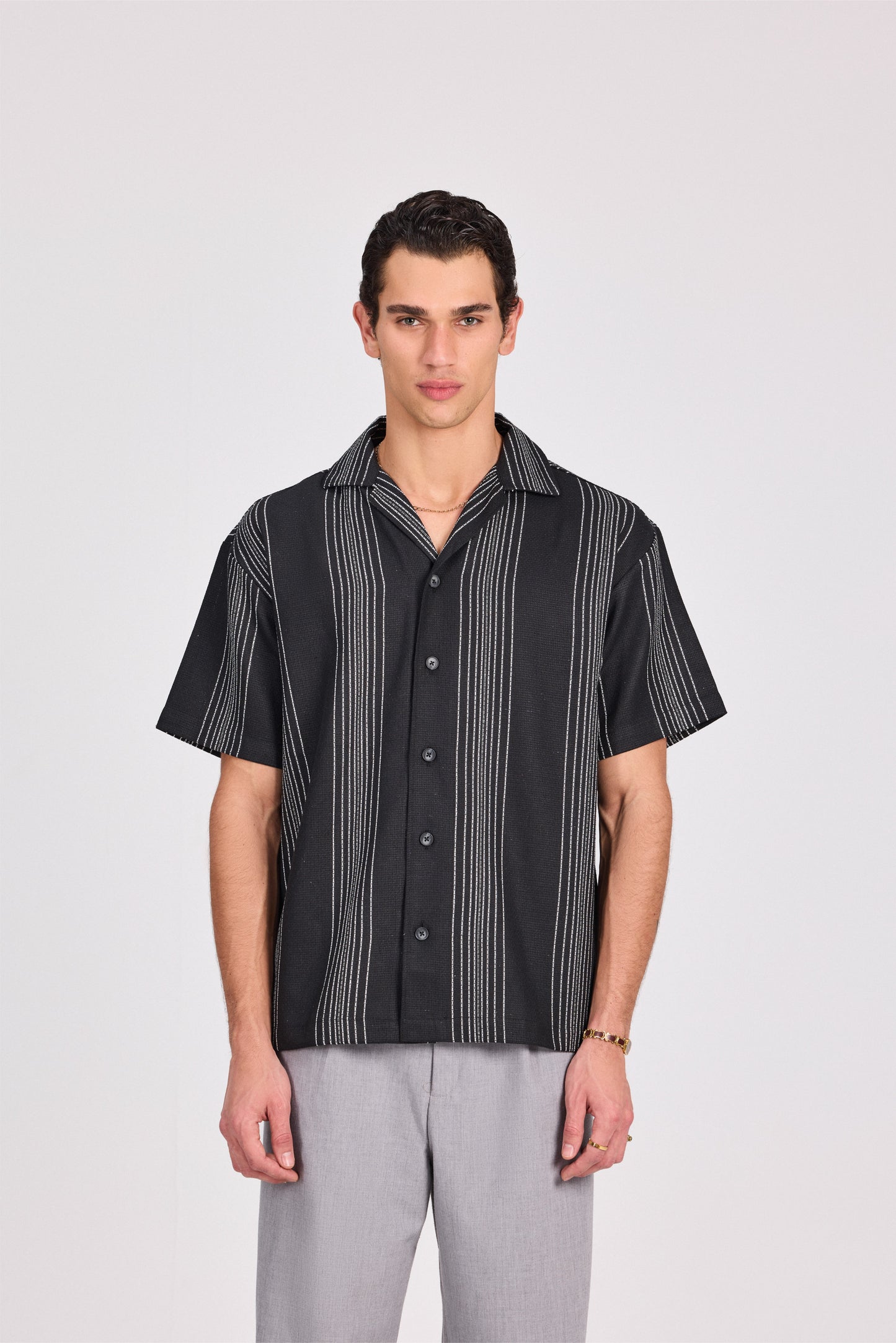 Black Striped 100% Cotton Short Sleeve Shirt