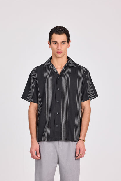 Black Striped 100% Cotton Short Sleeve Shirt