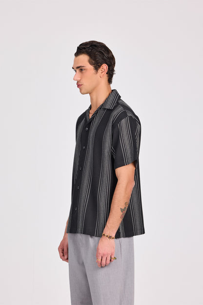 Black Striped 100% Cotton Short Sleeve Shirt