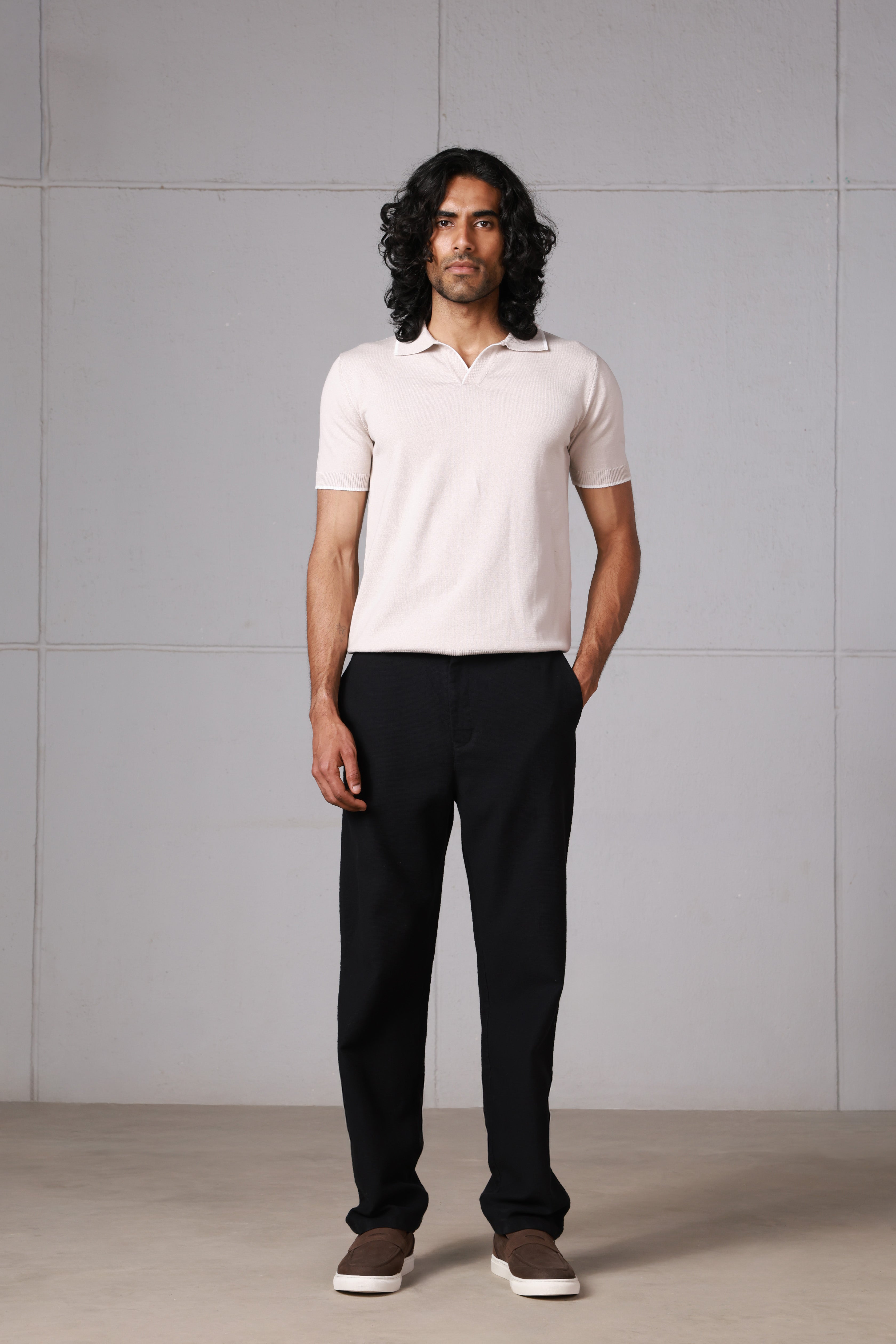 Beige V-Neck Knitted Polo