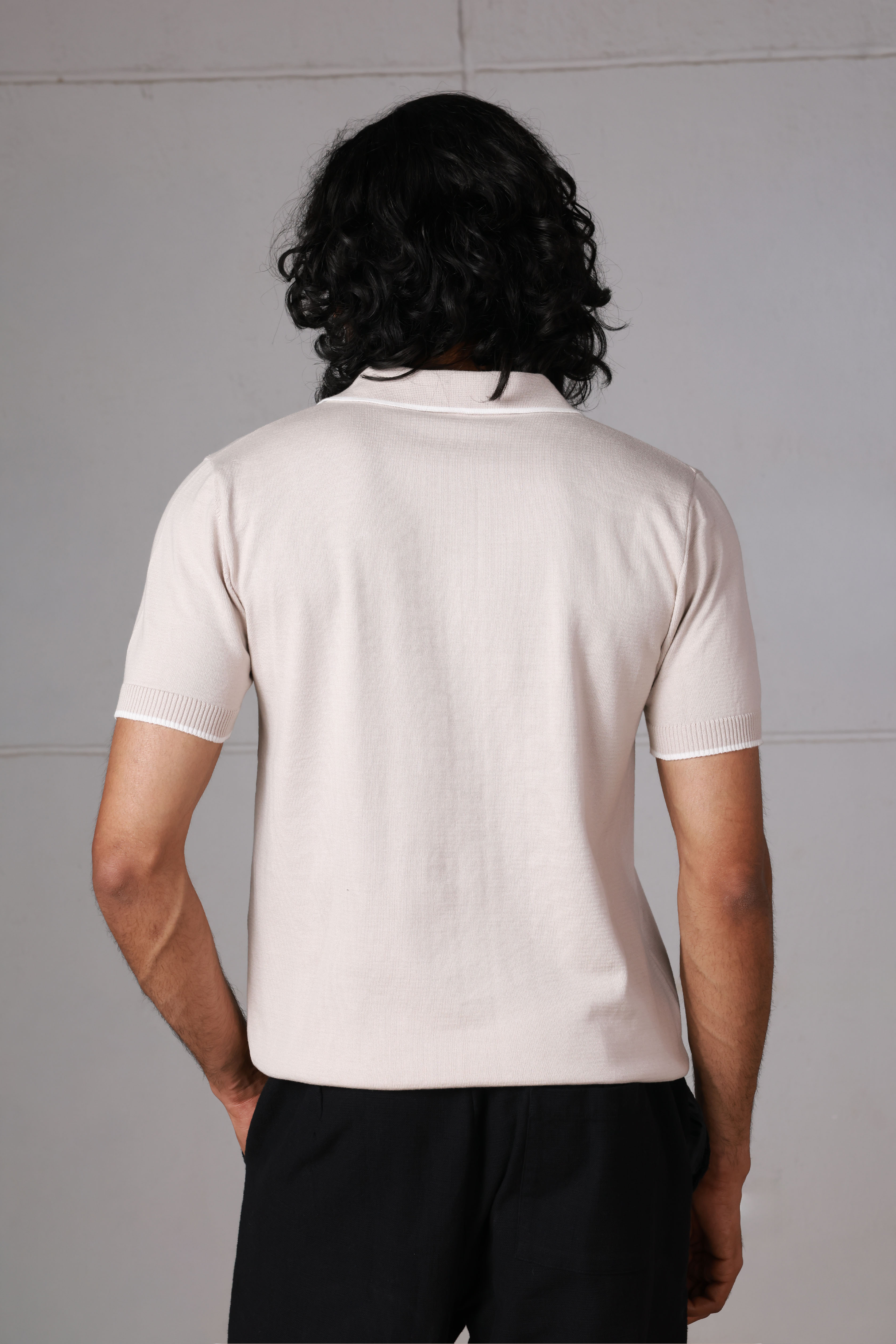 Beige V-Neck Knitted Polo