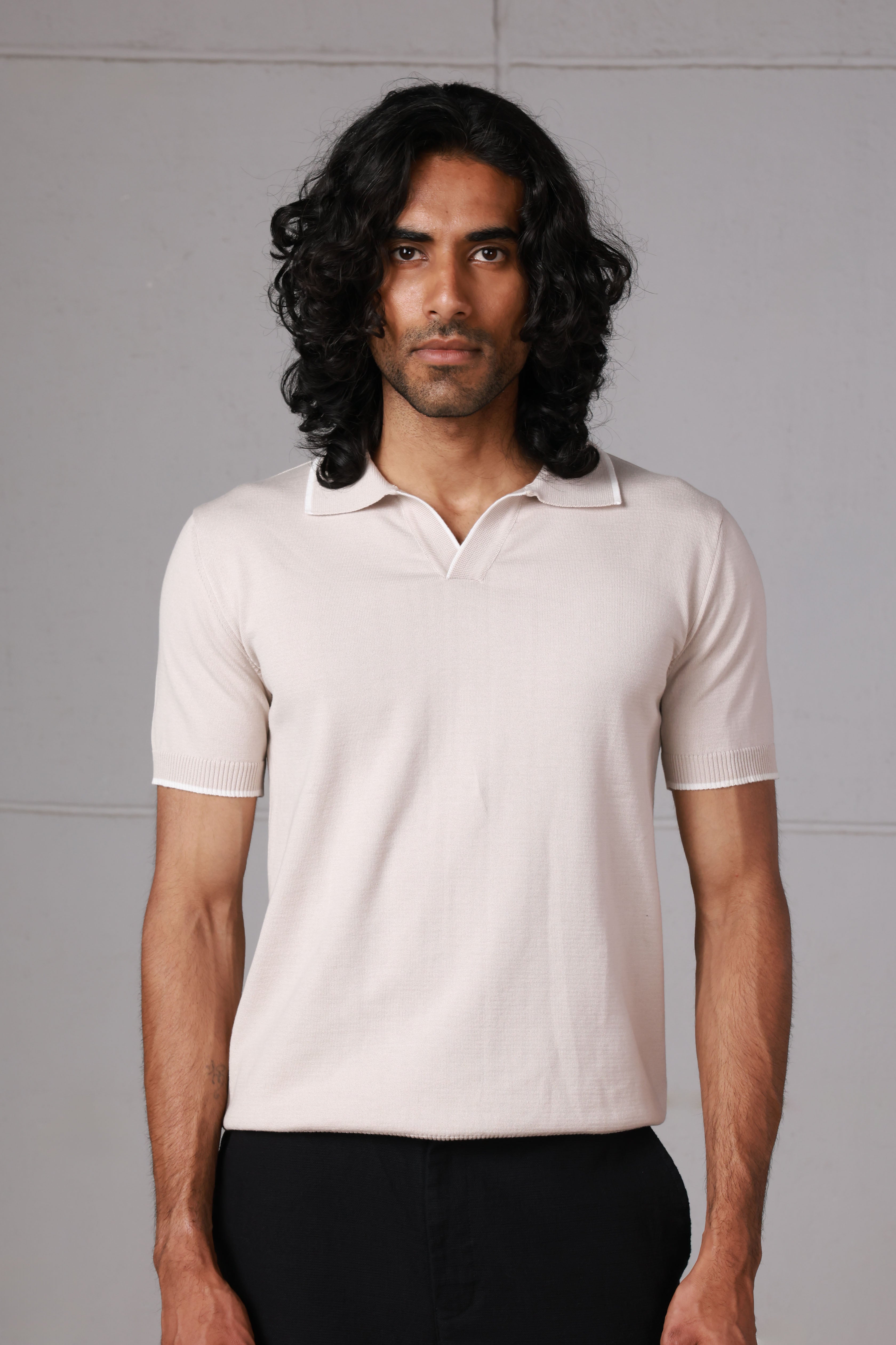 Beige V-Neck Knitted Polo