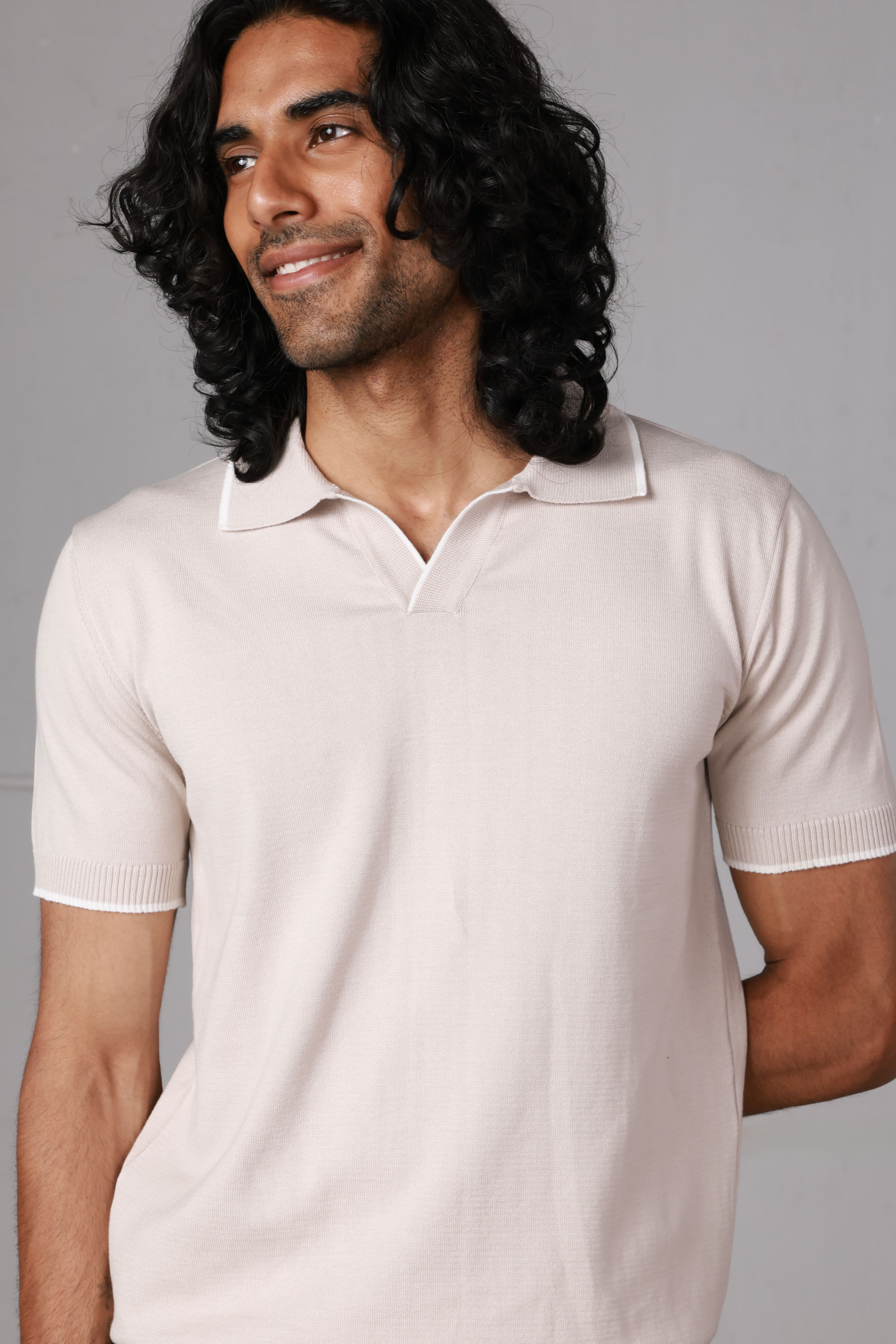 Beige V-Neck Knitted Polo