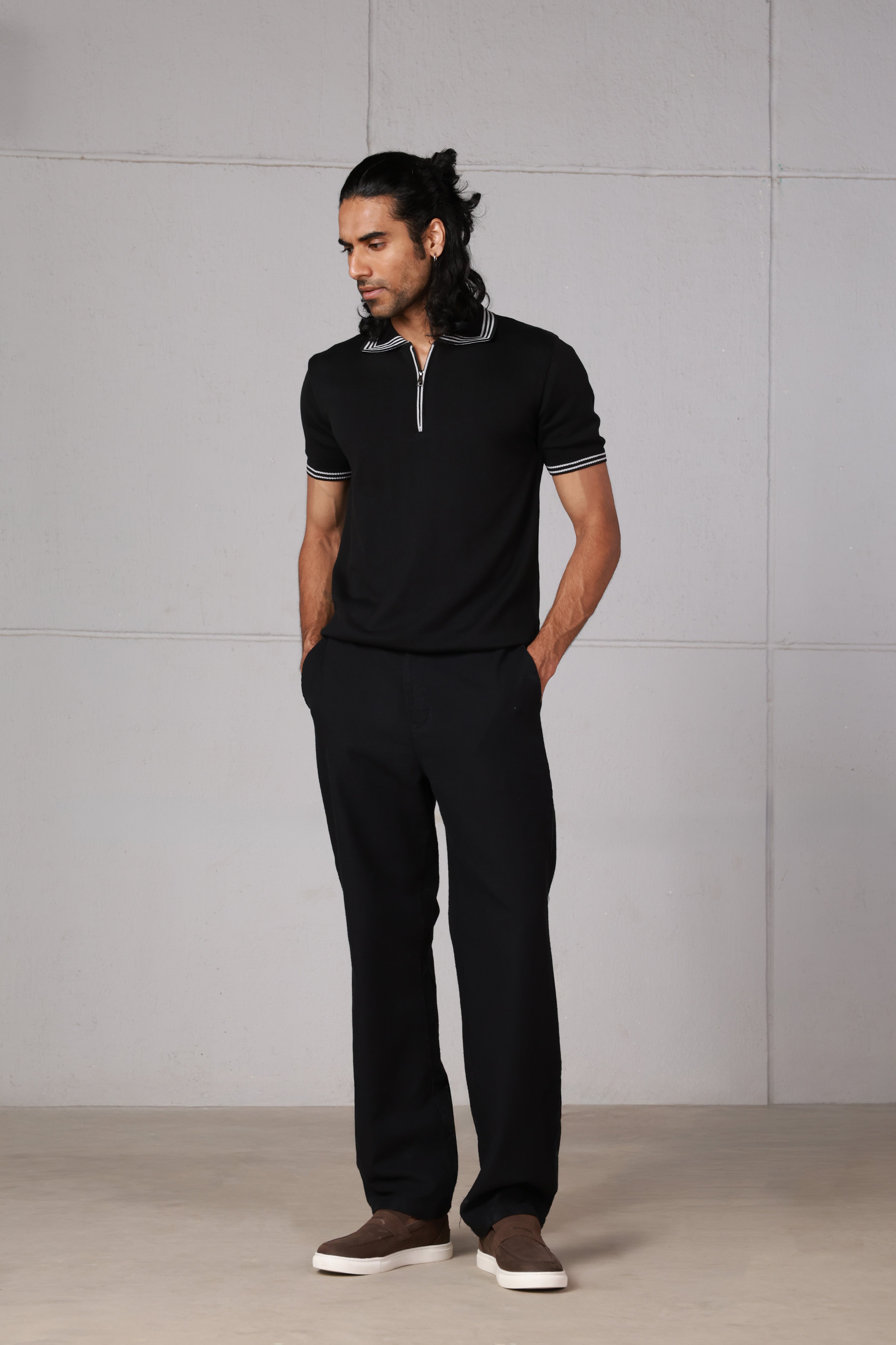 Black Knitted Zipped Polo