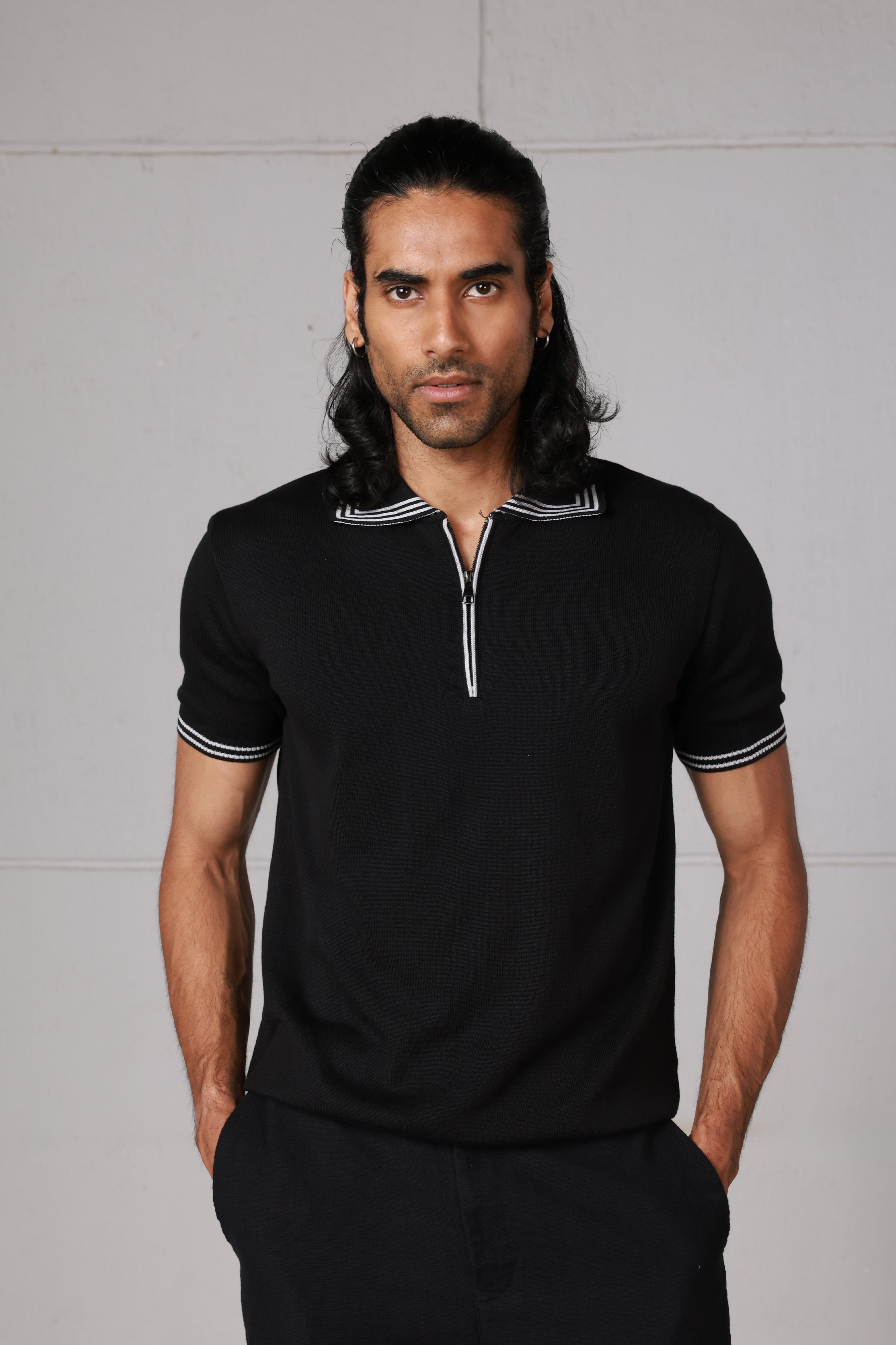 Black Knitted Zipped Polo