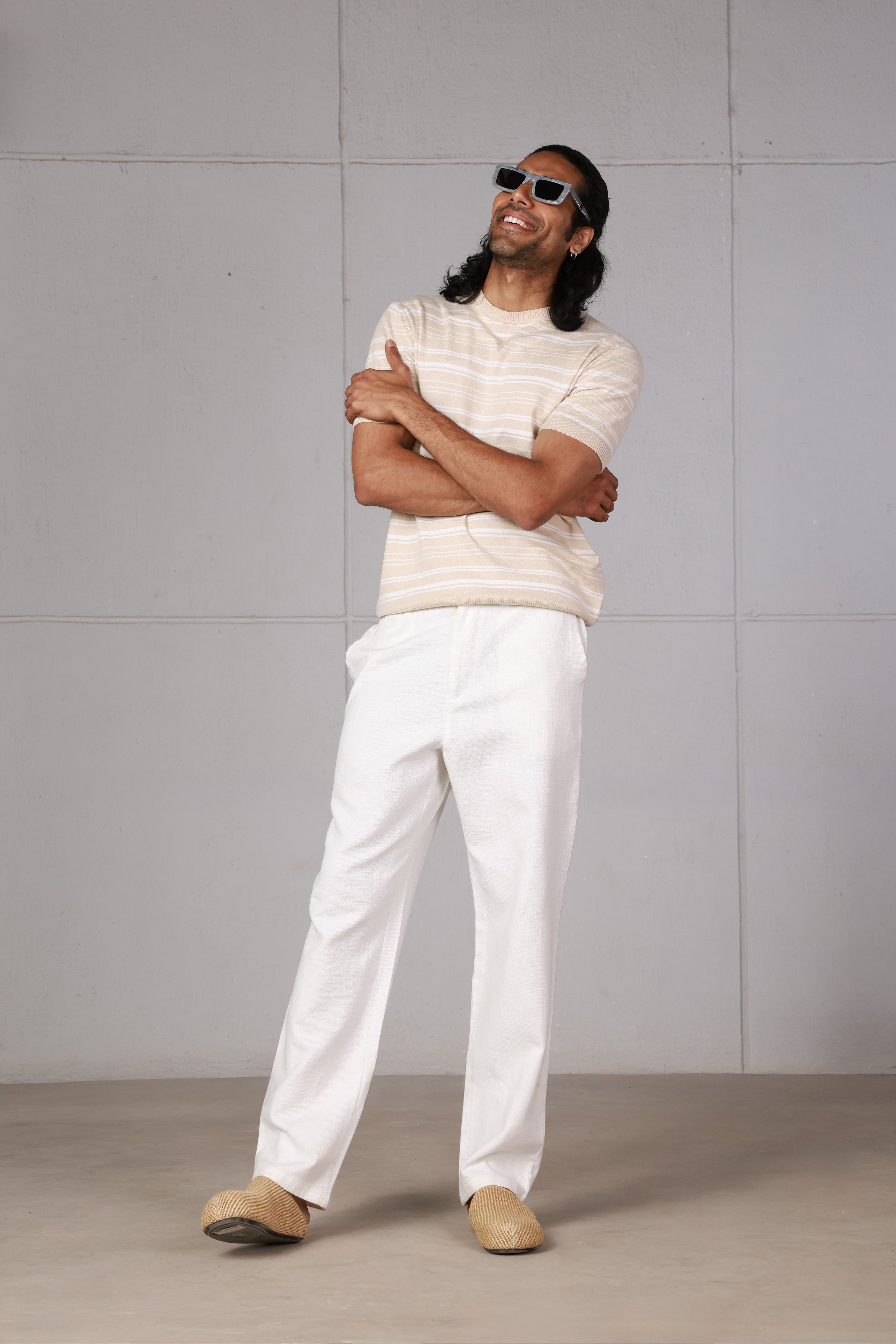Beige Striped Knitted T-Shirt