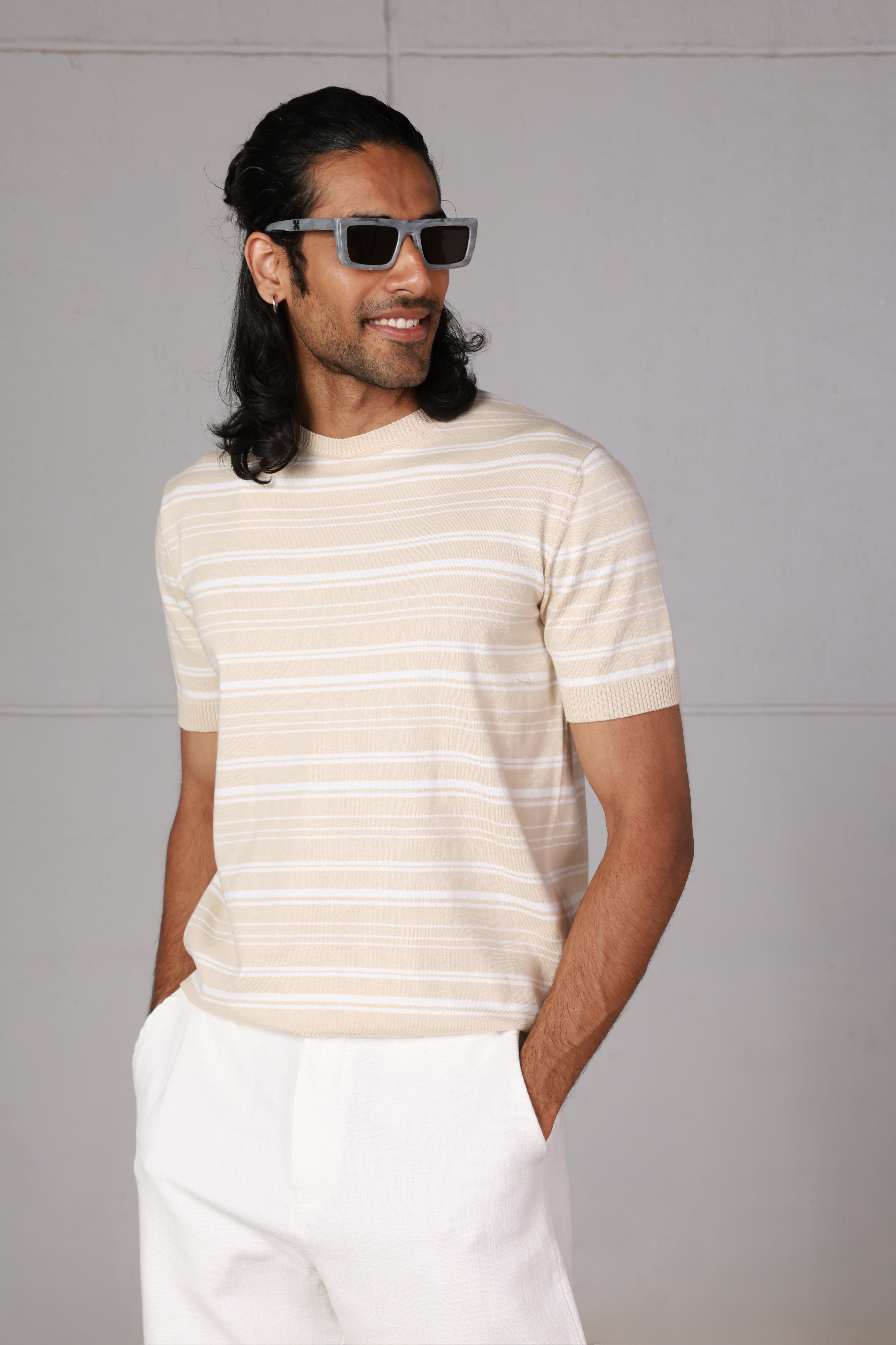 Beige Striped Knitted T-Shirt