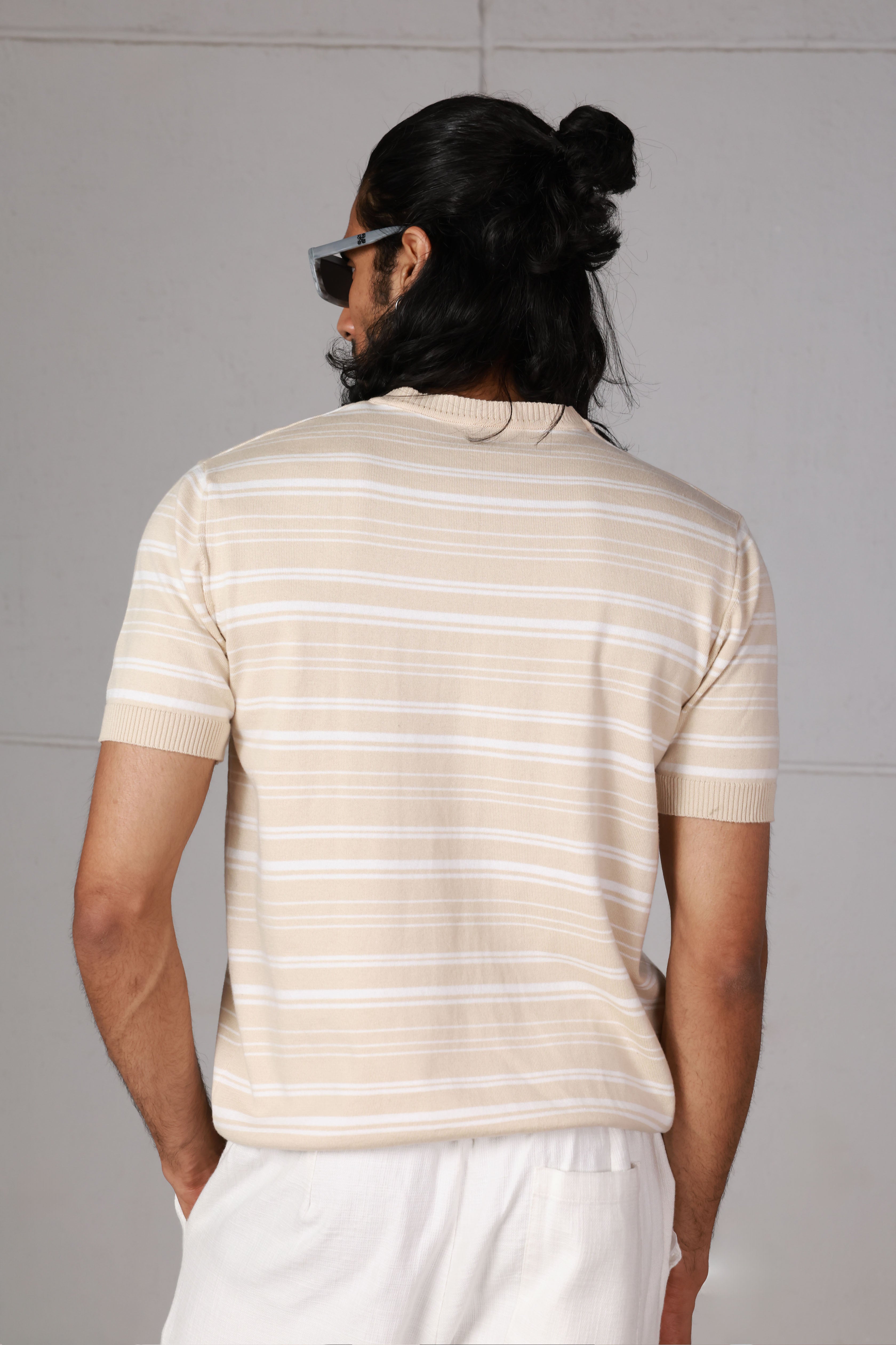 Beige Striped Knitted T-Shirt