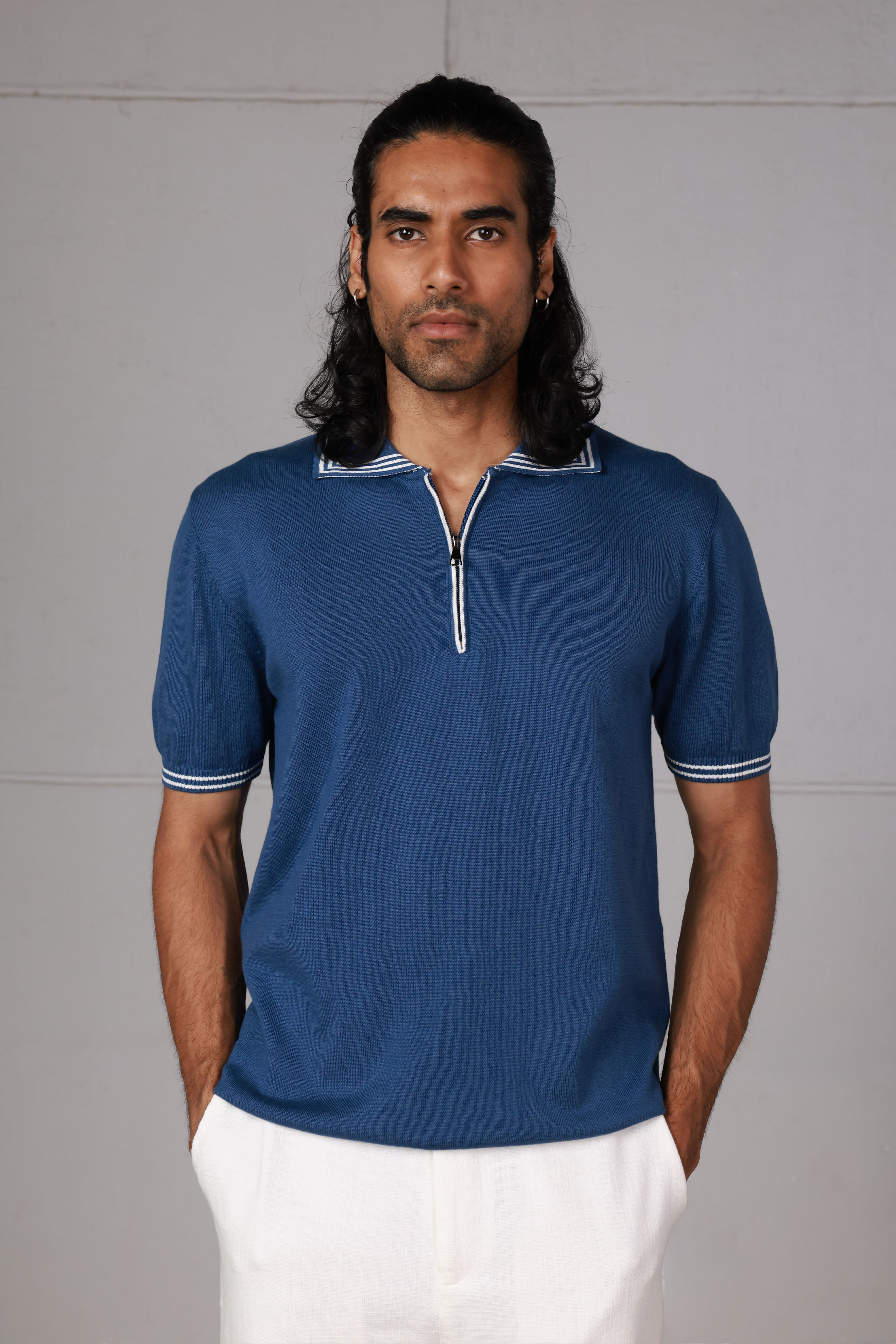 Royal Blue Knitted Zipped Polo