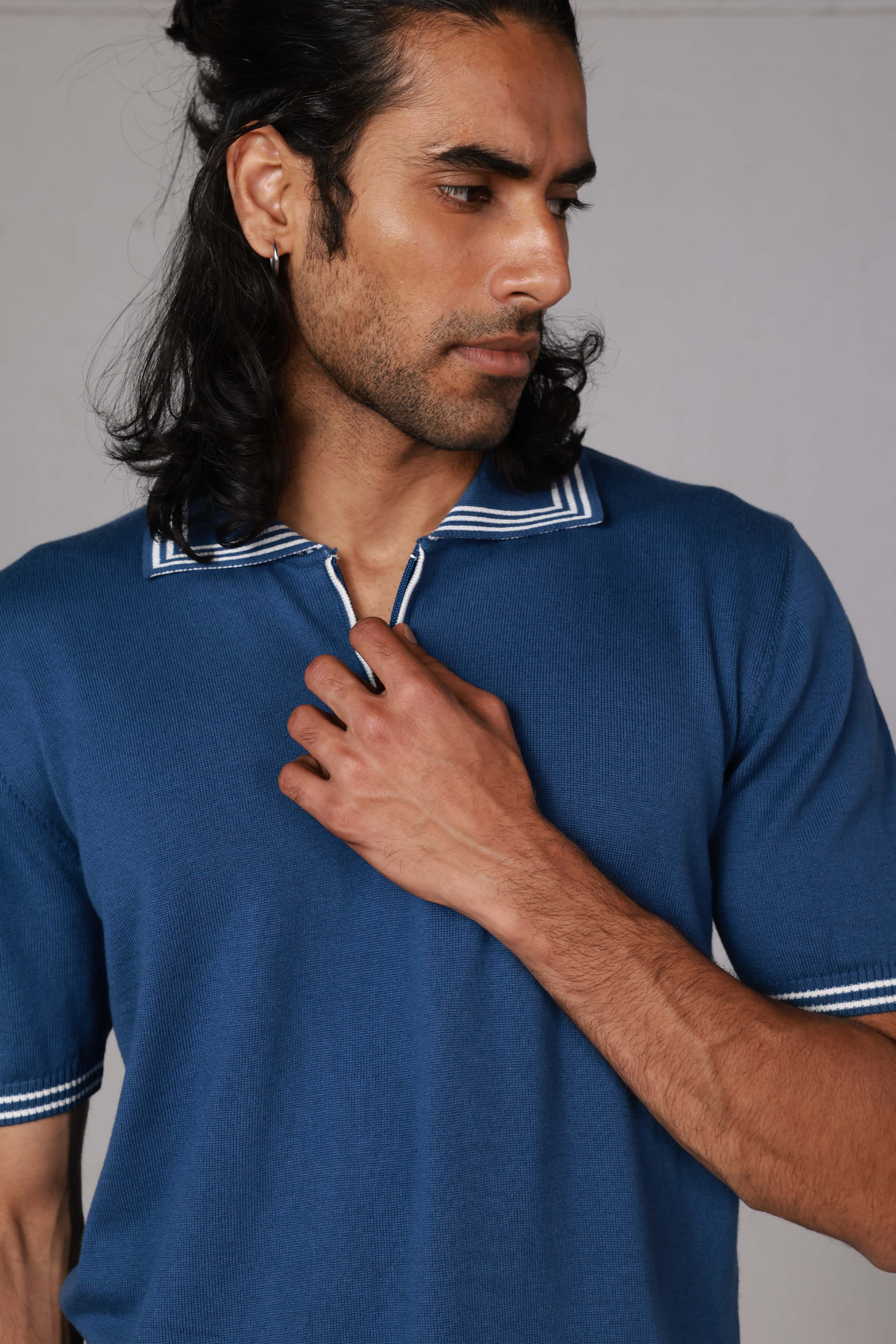 Royal Blue Knitted Zipped Polo