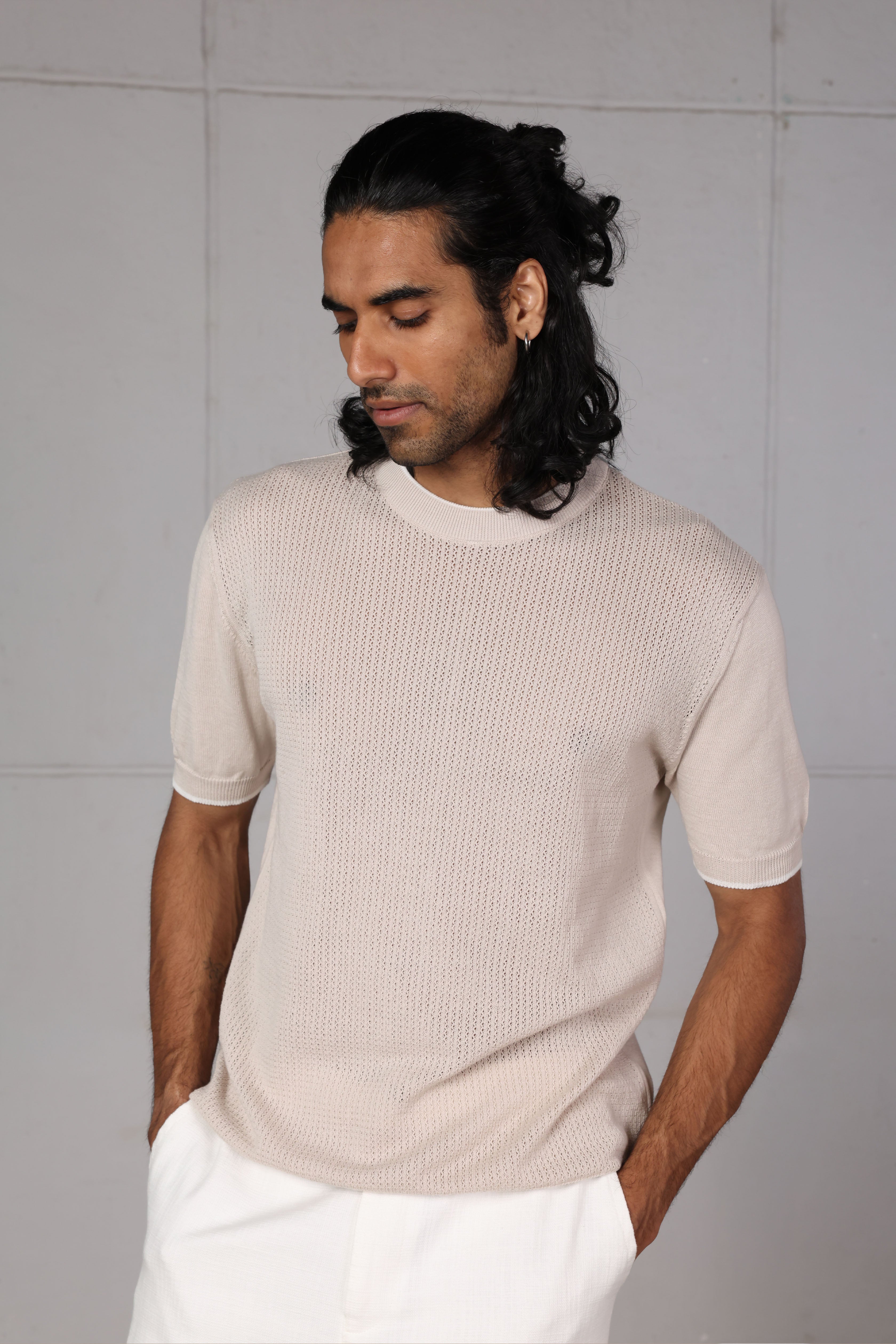 Beige Cutwork Knitted T-Shirt