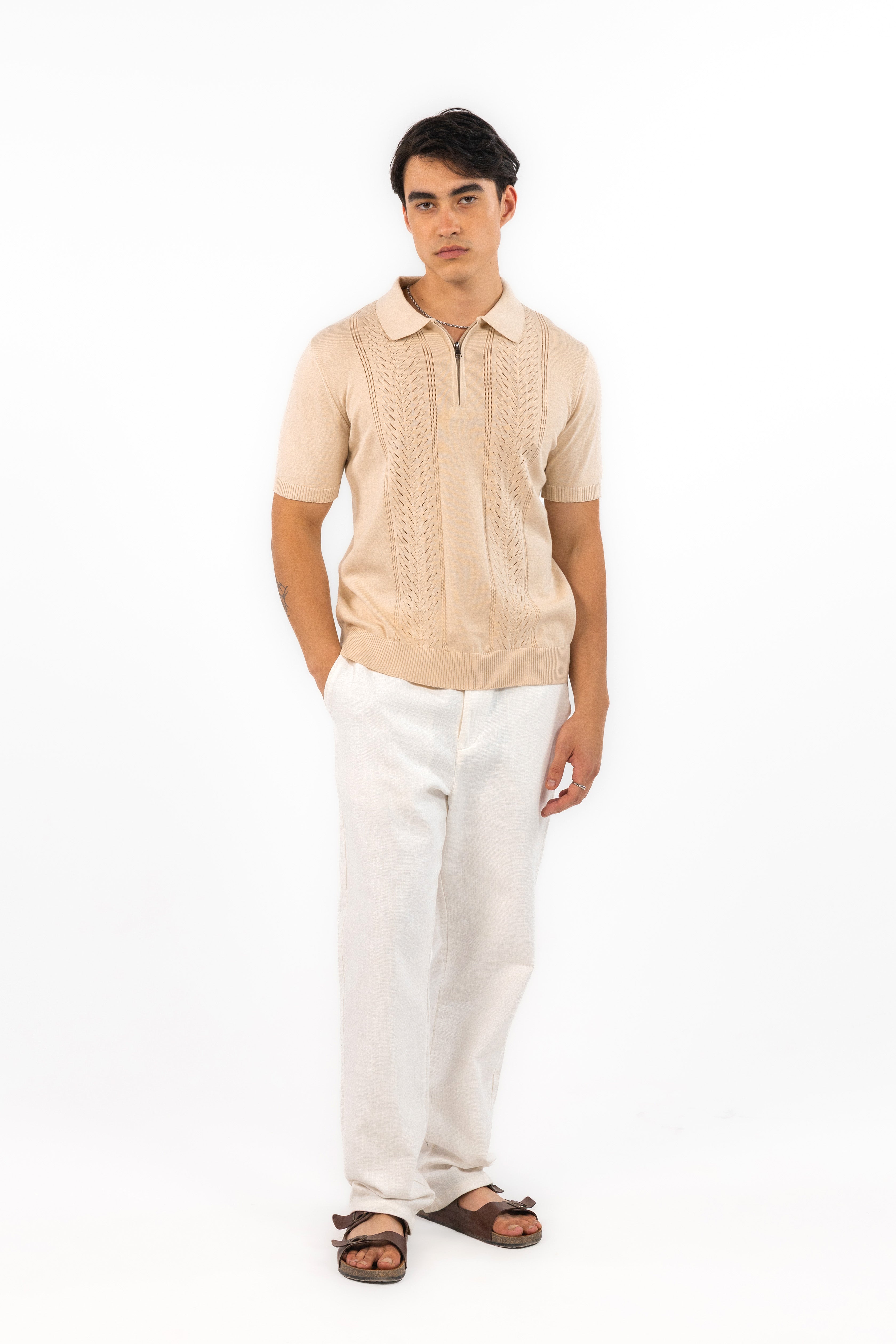 Beige Quarter Zipped Knit Polo