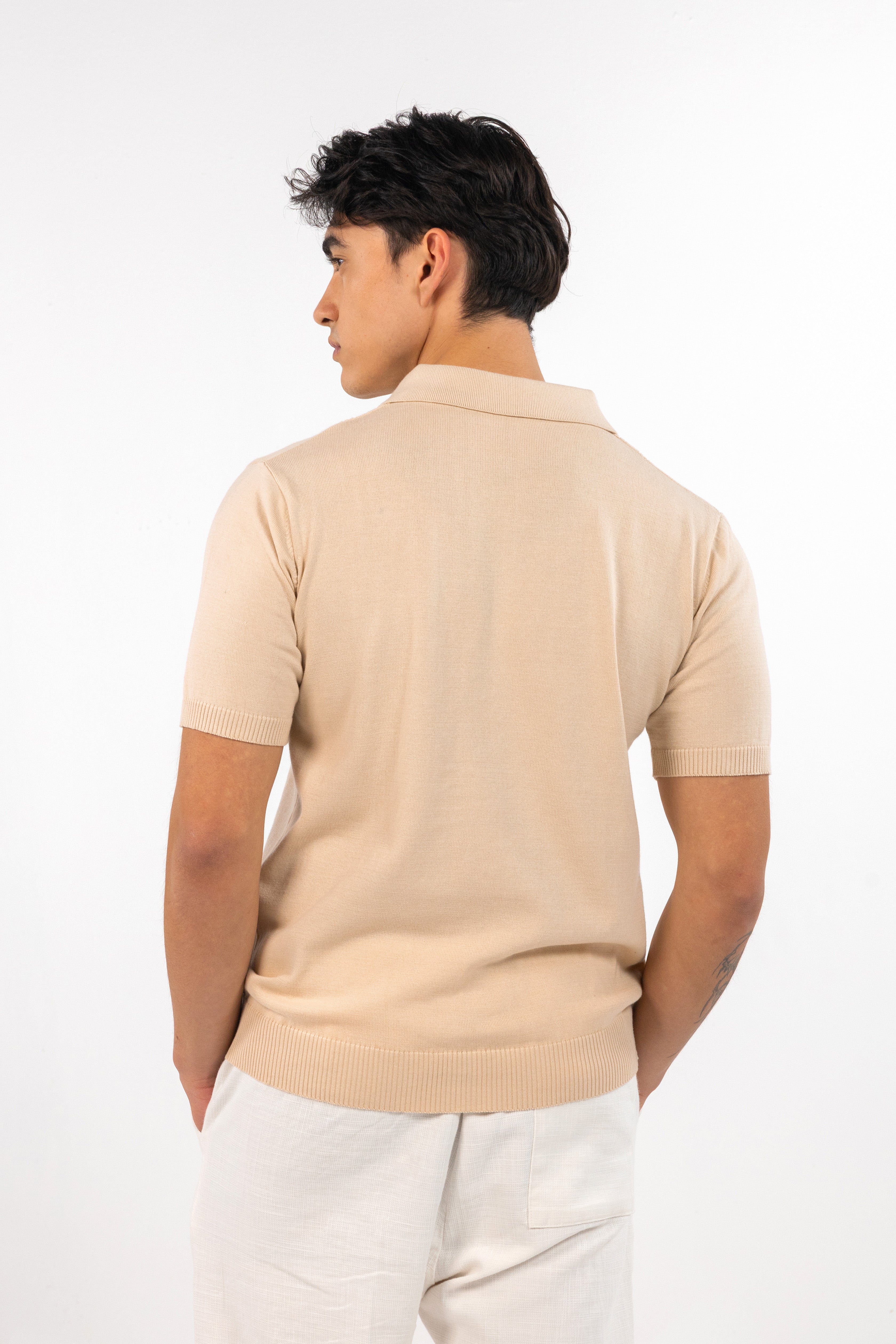 Beige Quarter Zipped Knit Polo