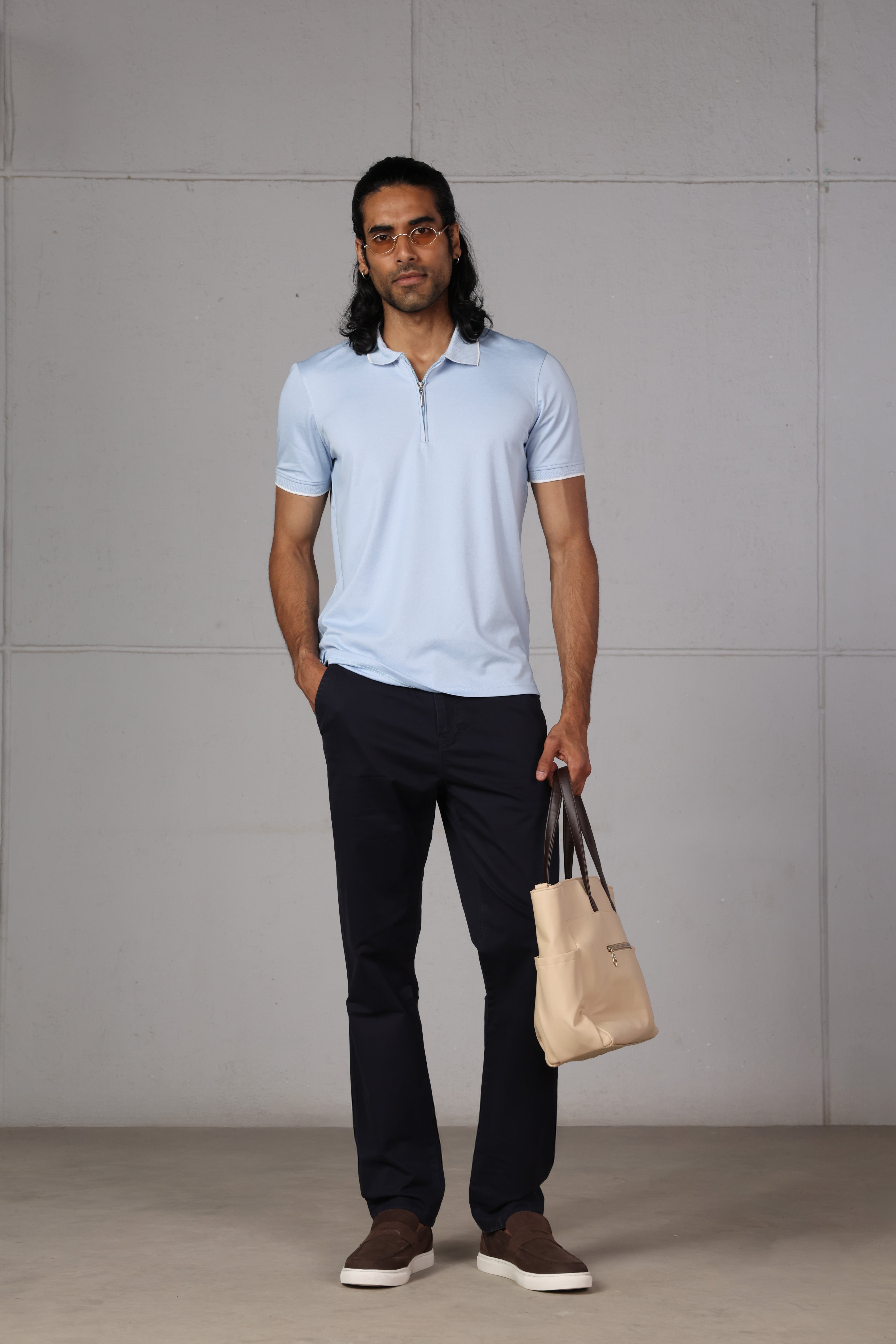 Sky Blue Jacquard Zip-Up Polo Shirt
