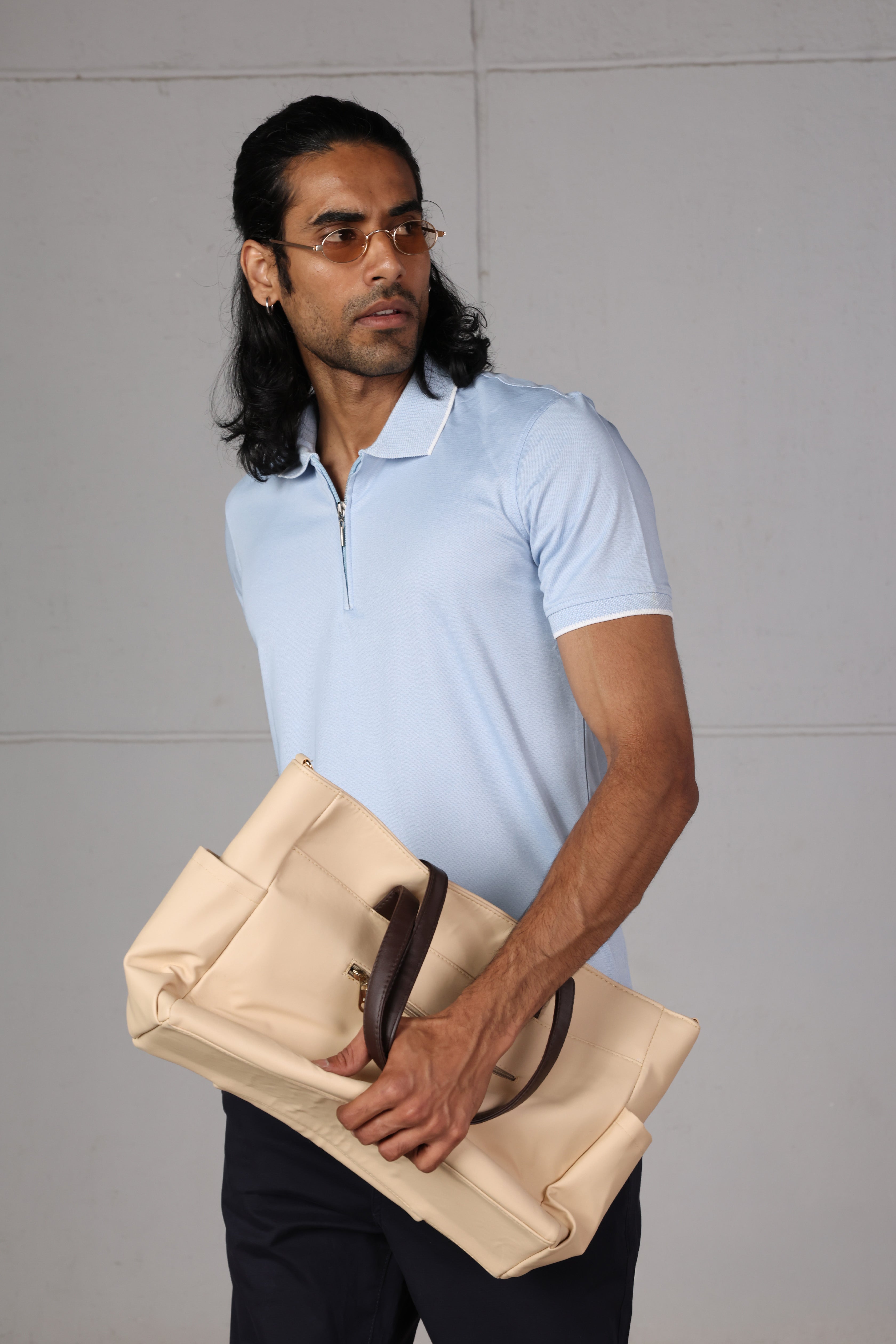 Sky Blue Jacquard Zip-Up Polo Shirt