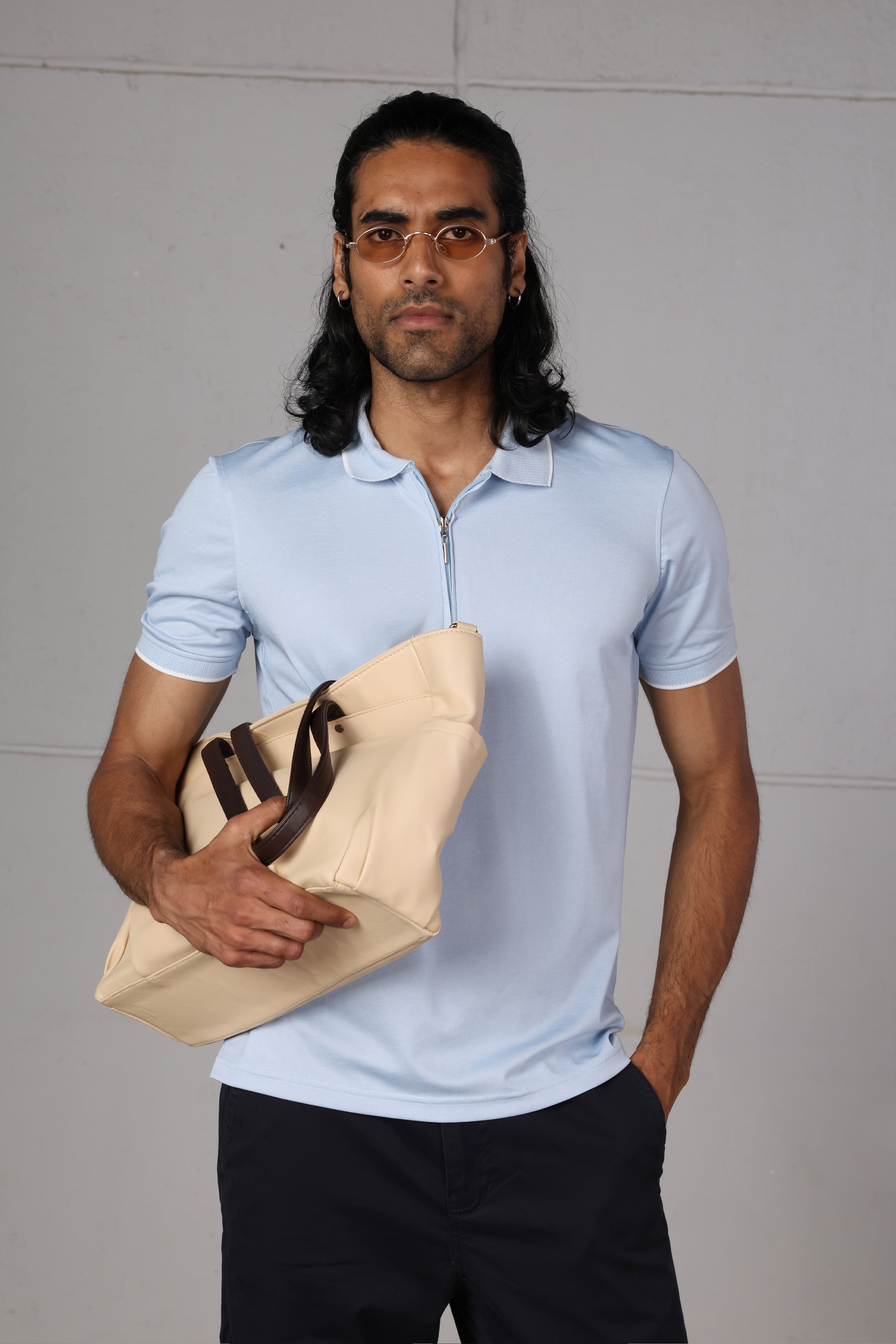 Sky Blue Jacquard Zip-Up Polo Shirt