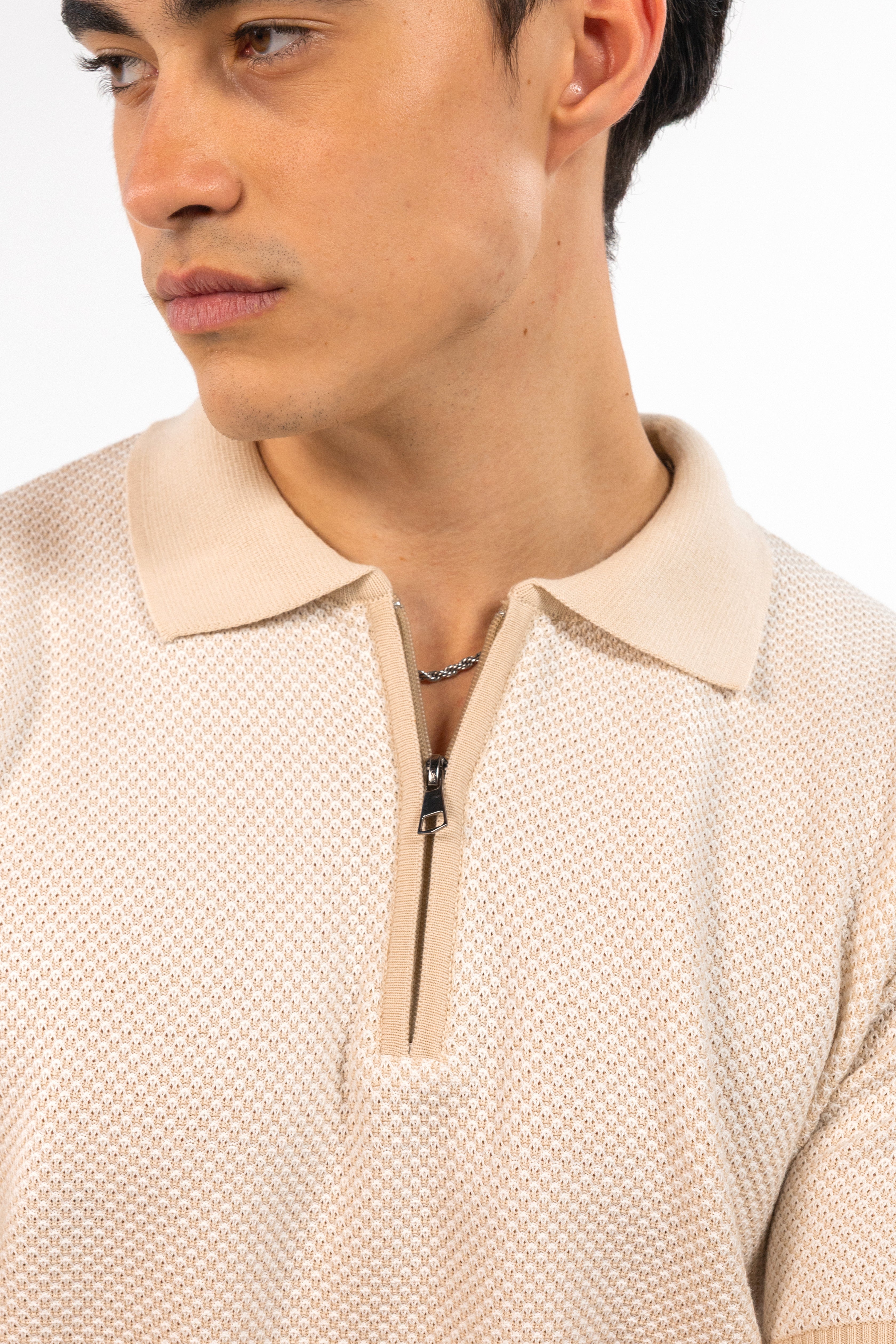 Beige Jacquard Zipped Polo
