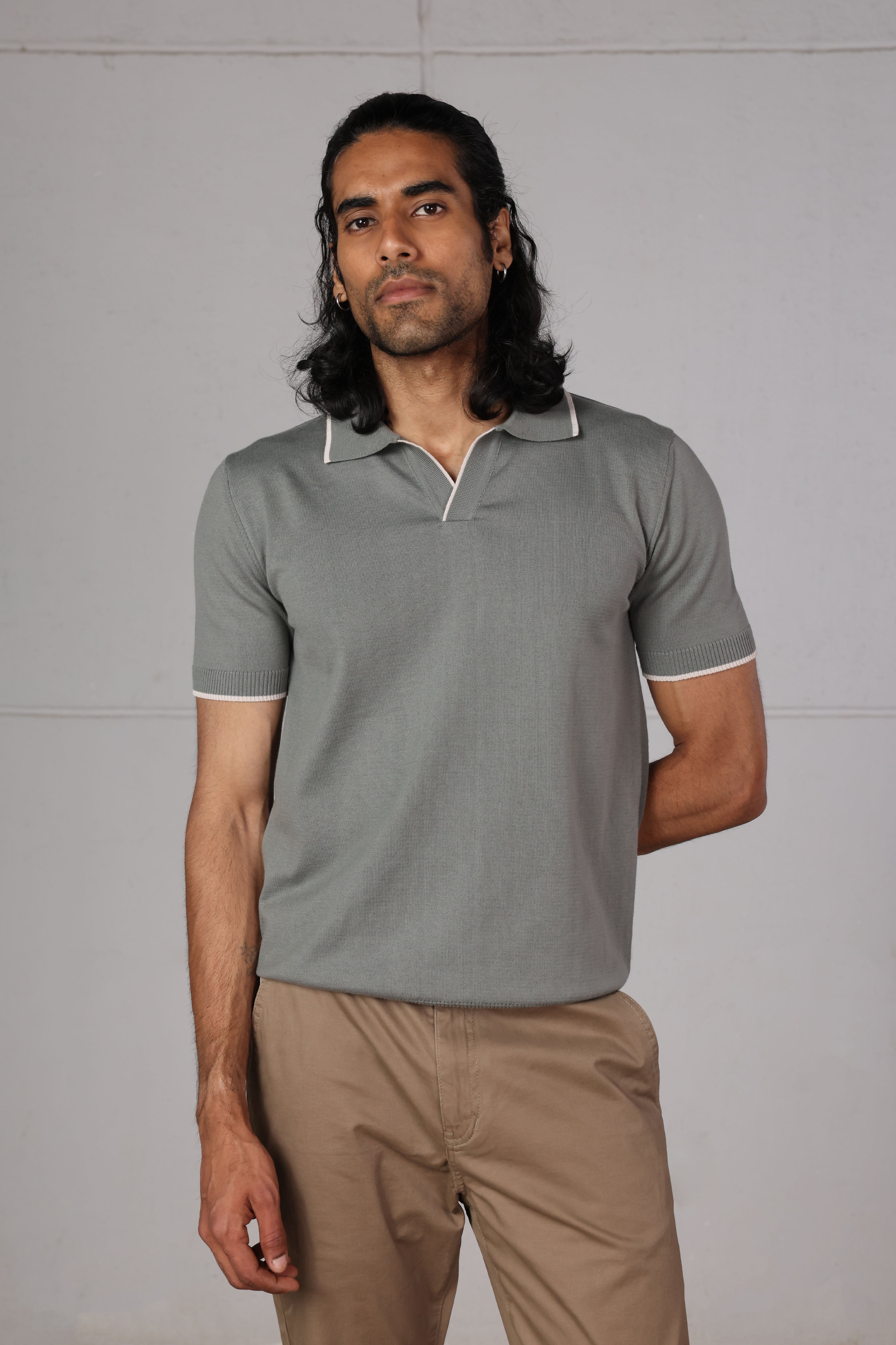 Olive V-Neck Knitted Polo