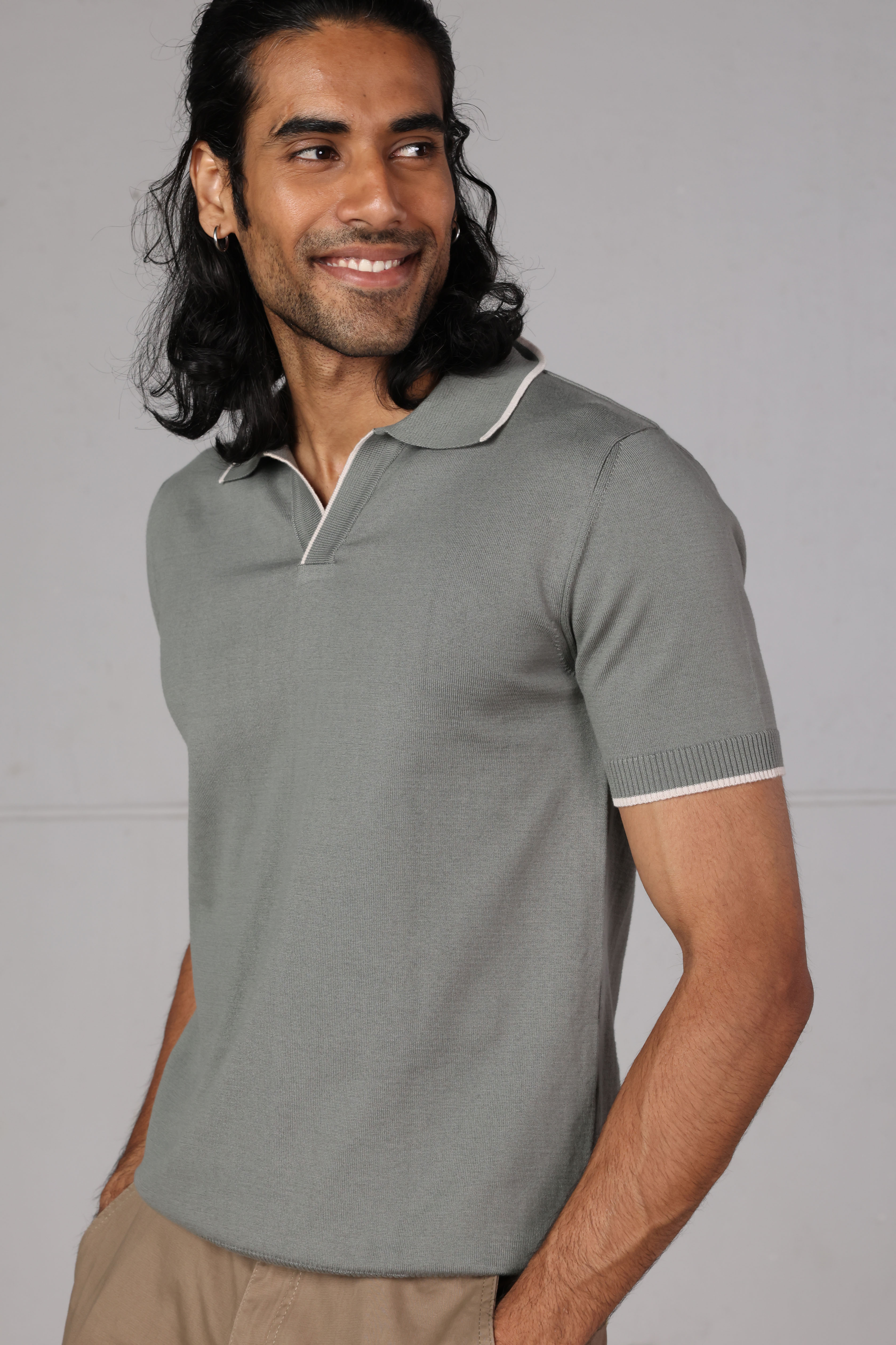 Olive V-Neck Knitted Polo