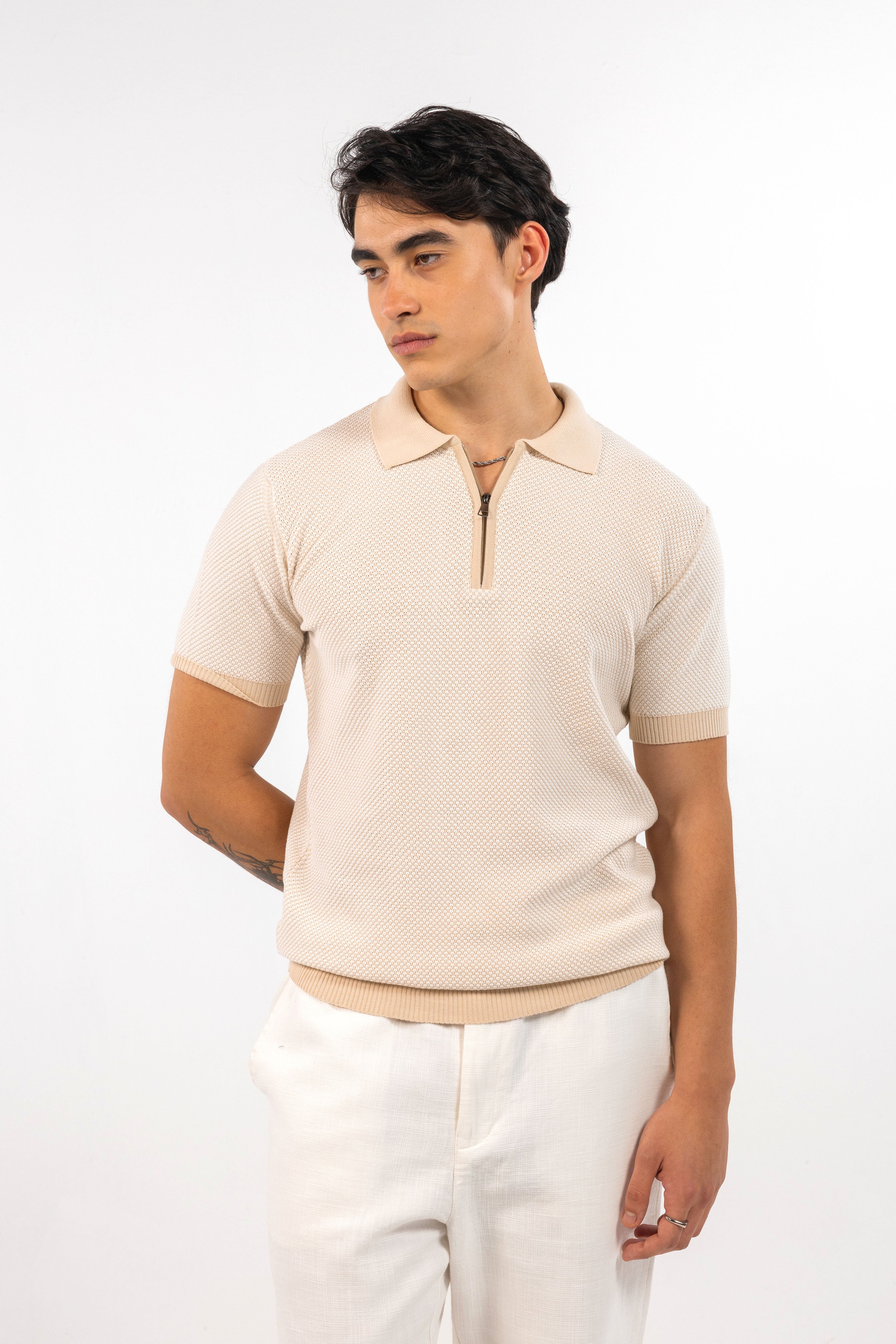 Beige Jacquard Zipped Polo
