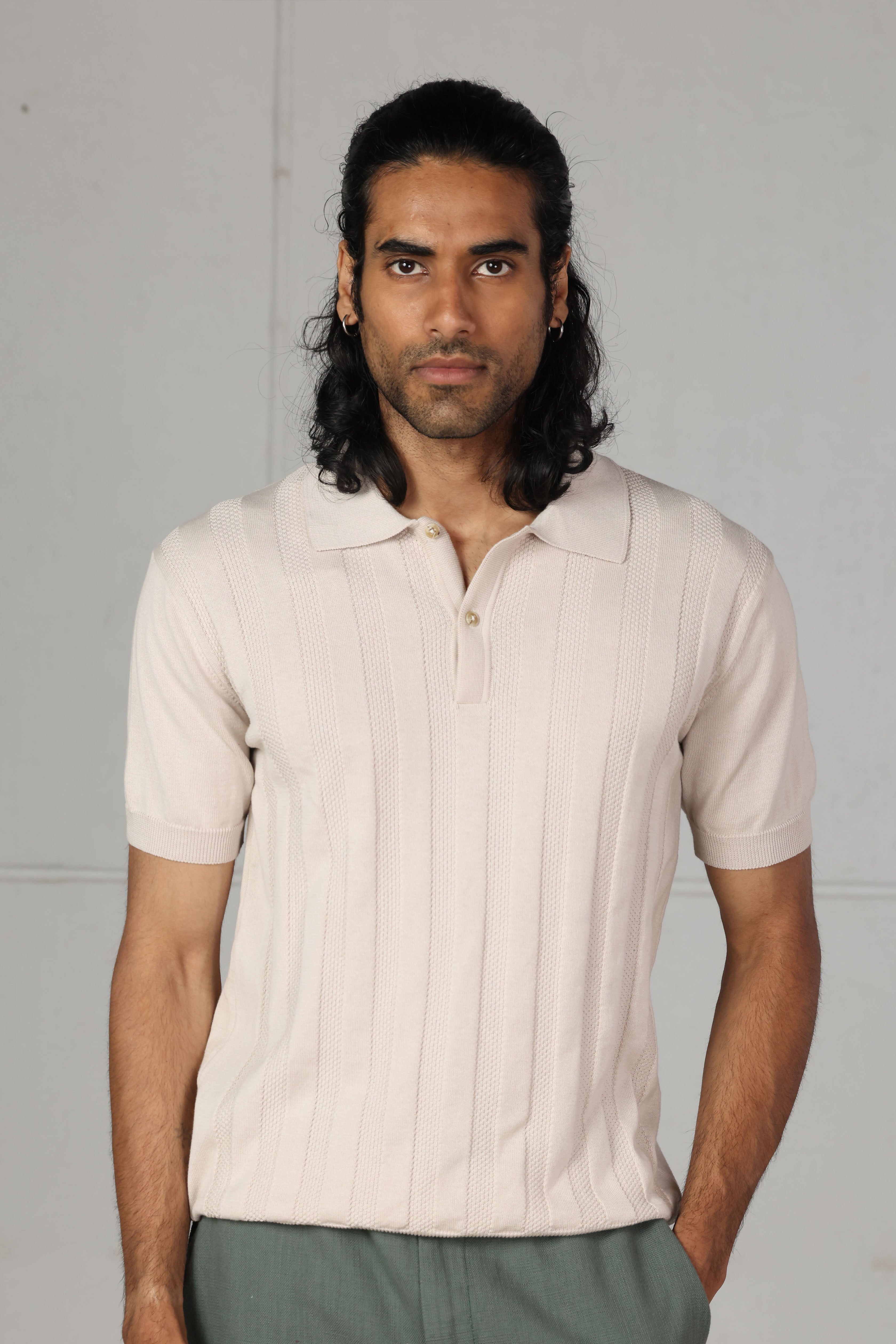 Beige Ribbed Knitted Polo