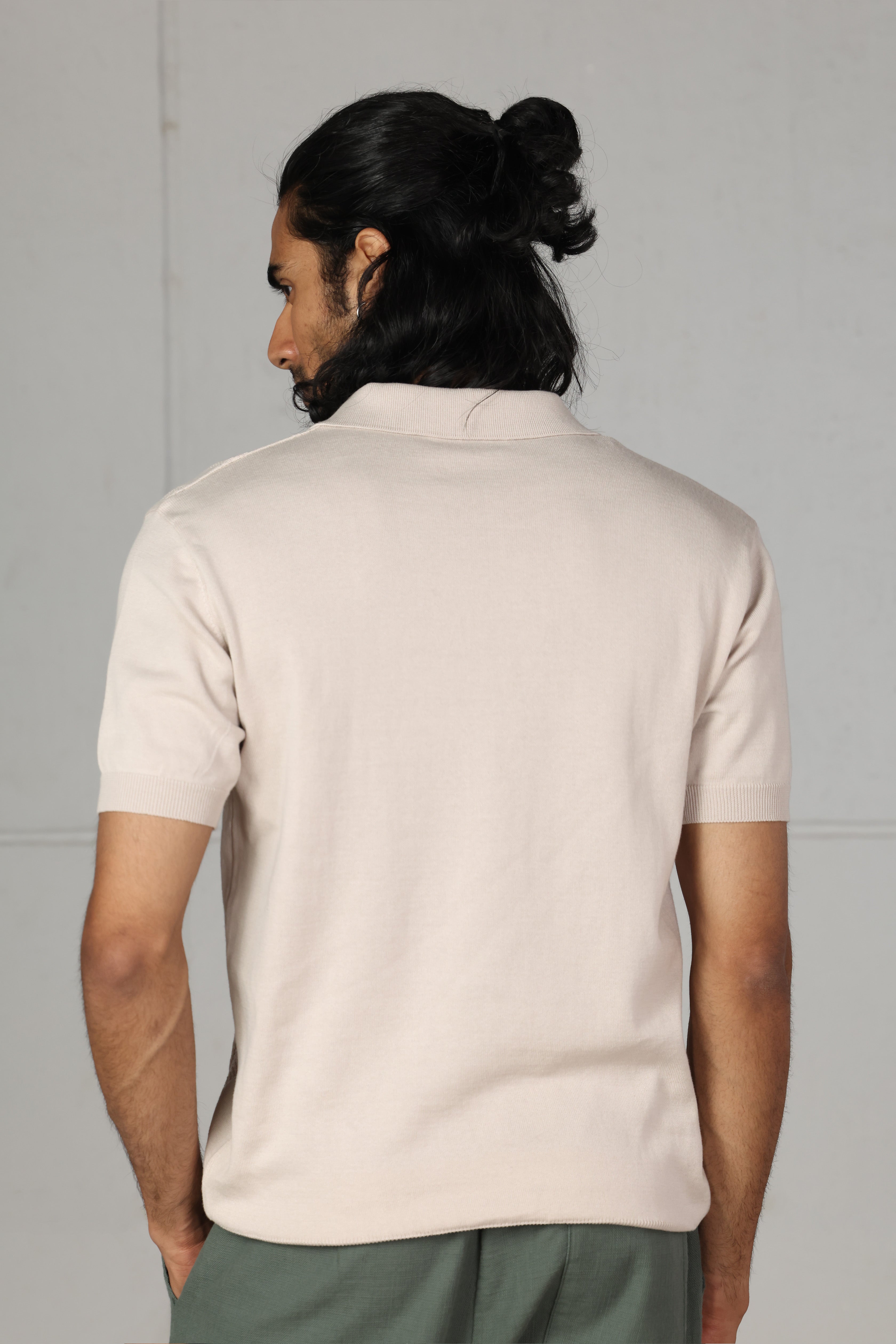 Beige Ribbed Knitted Polo