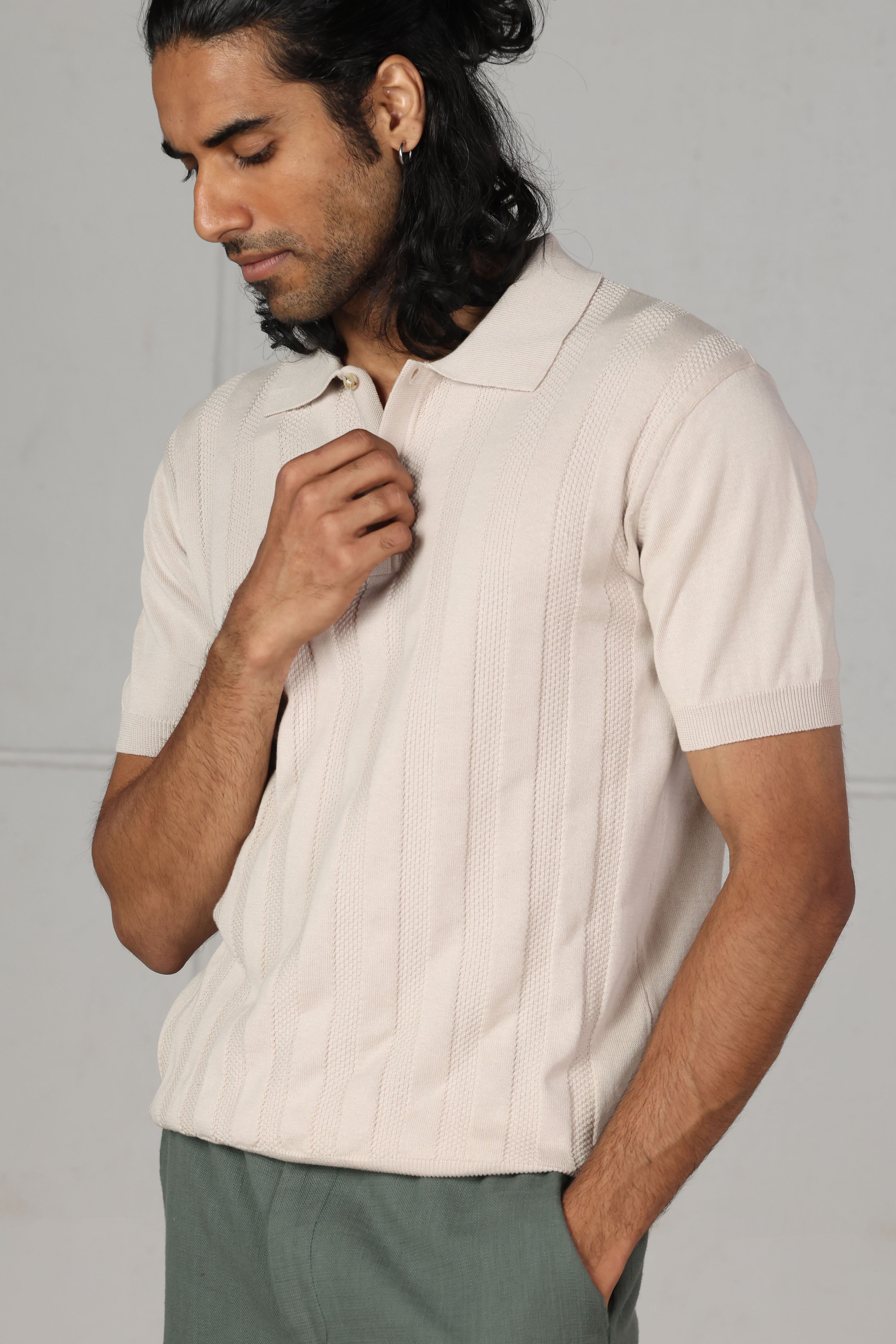 Beige Ribbed Knitted Polo