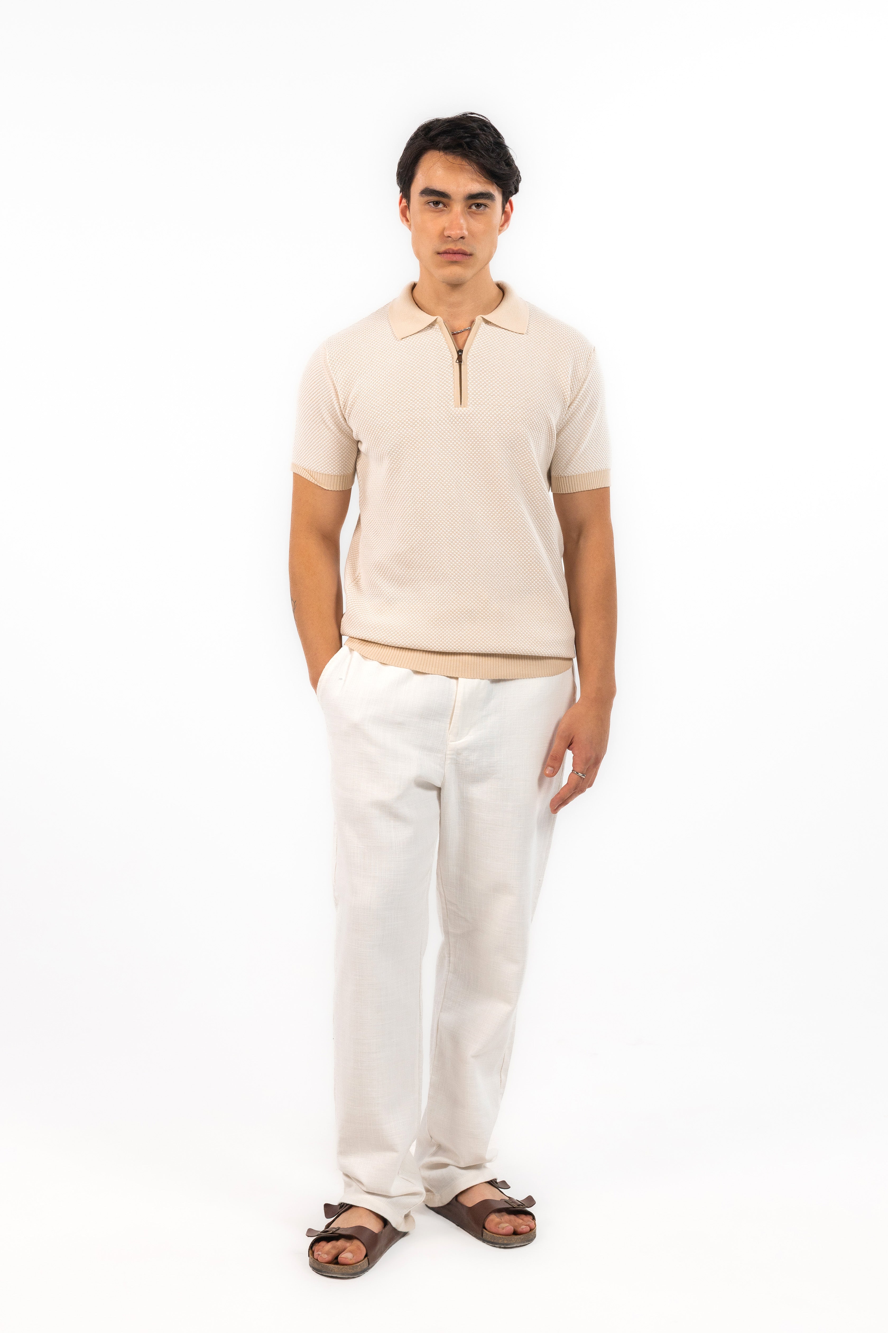 Beige Jacquard Zipped Polo