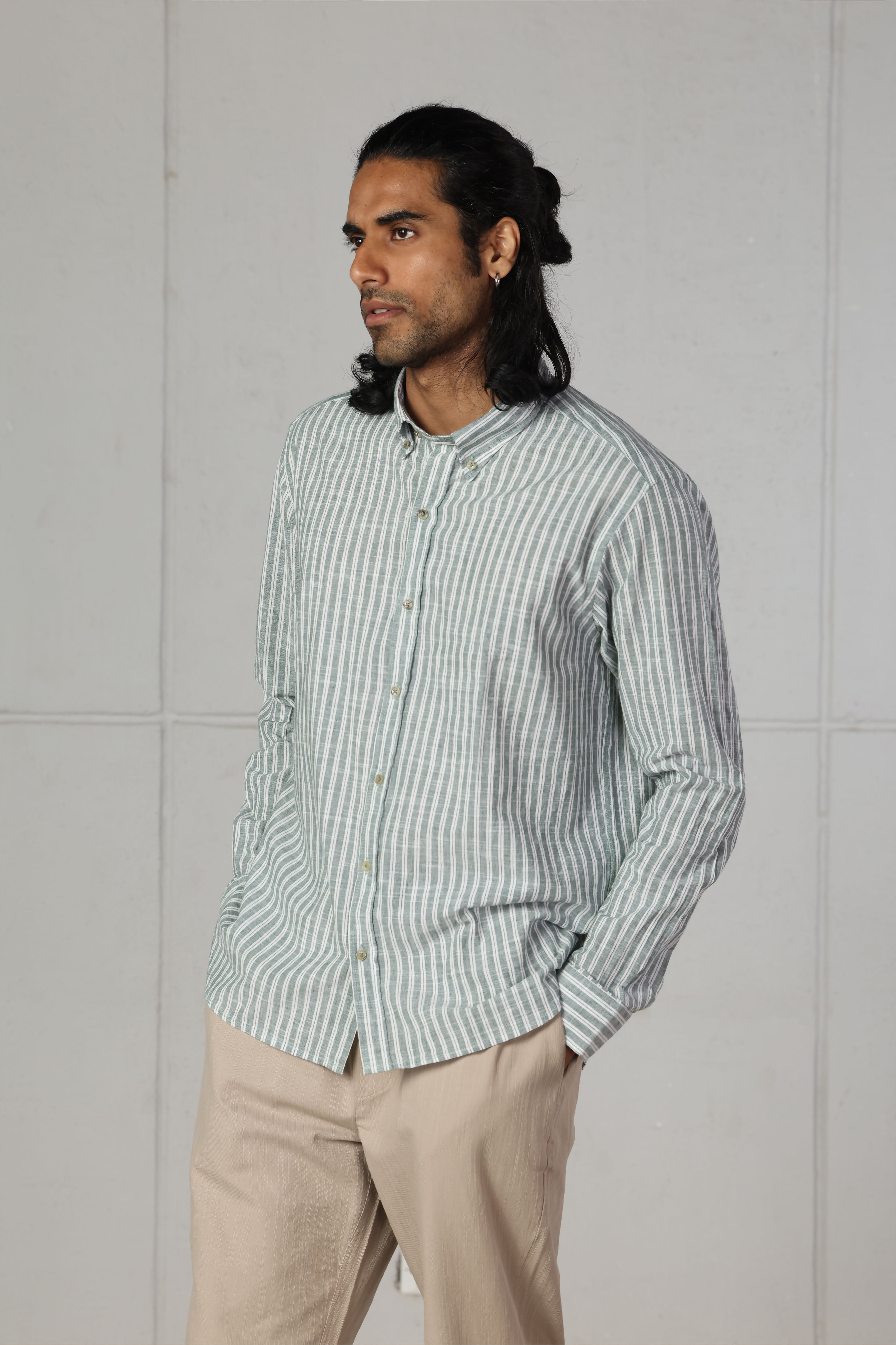 Olive Double Striped Linen-Cotton Shirt