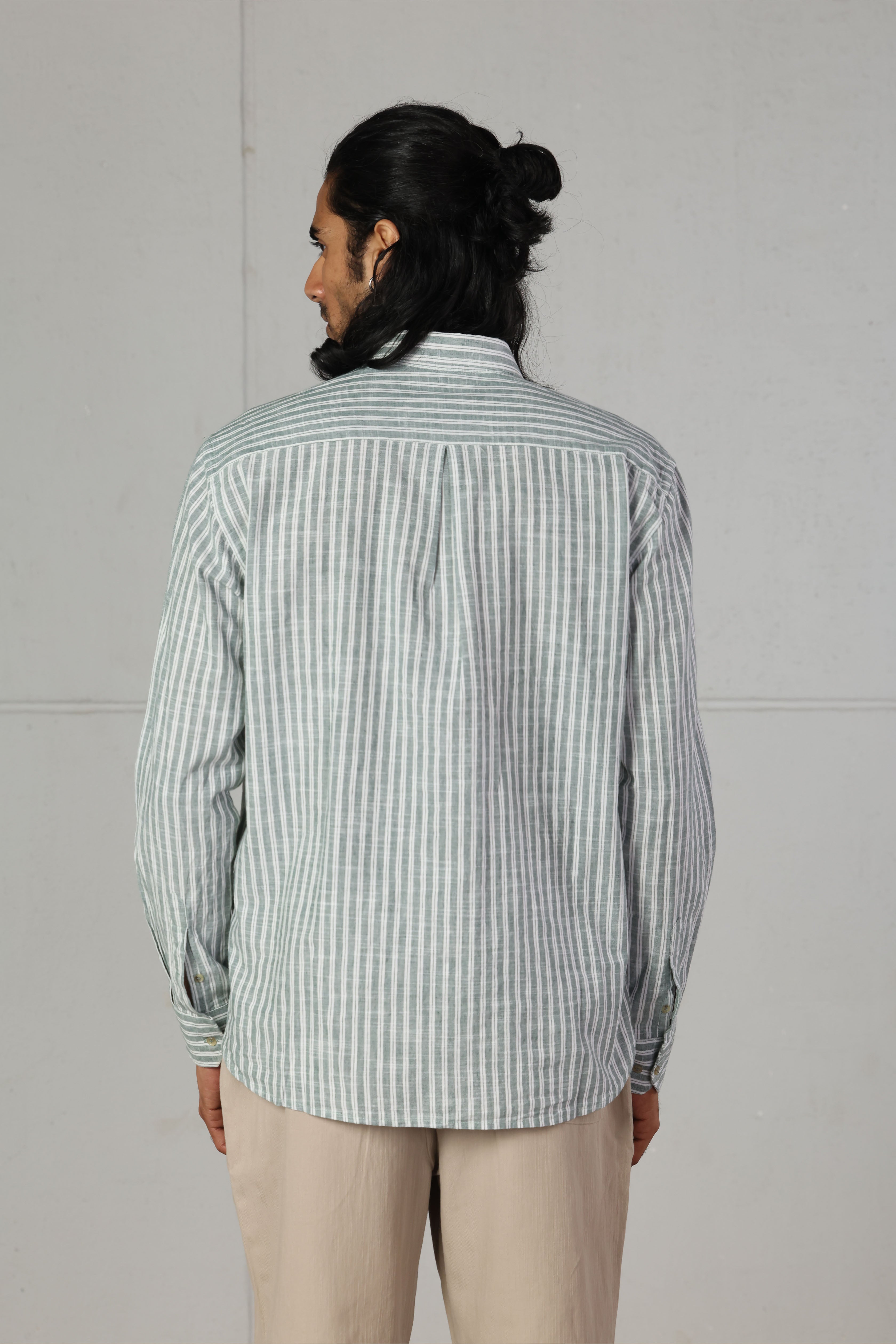 Olive Double Striped Linen-Cotton Shirt