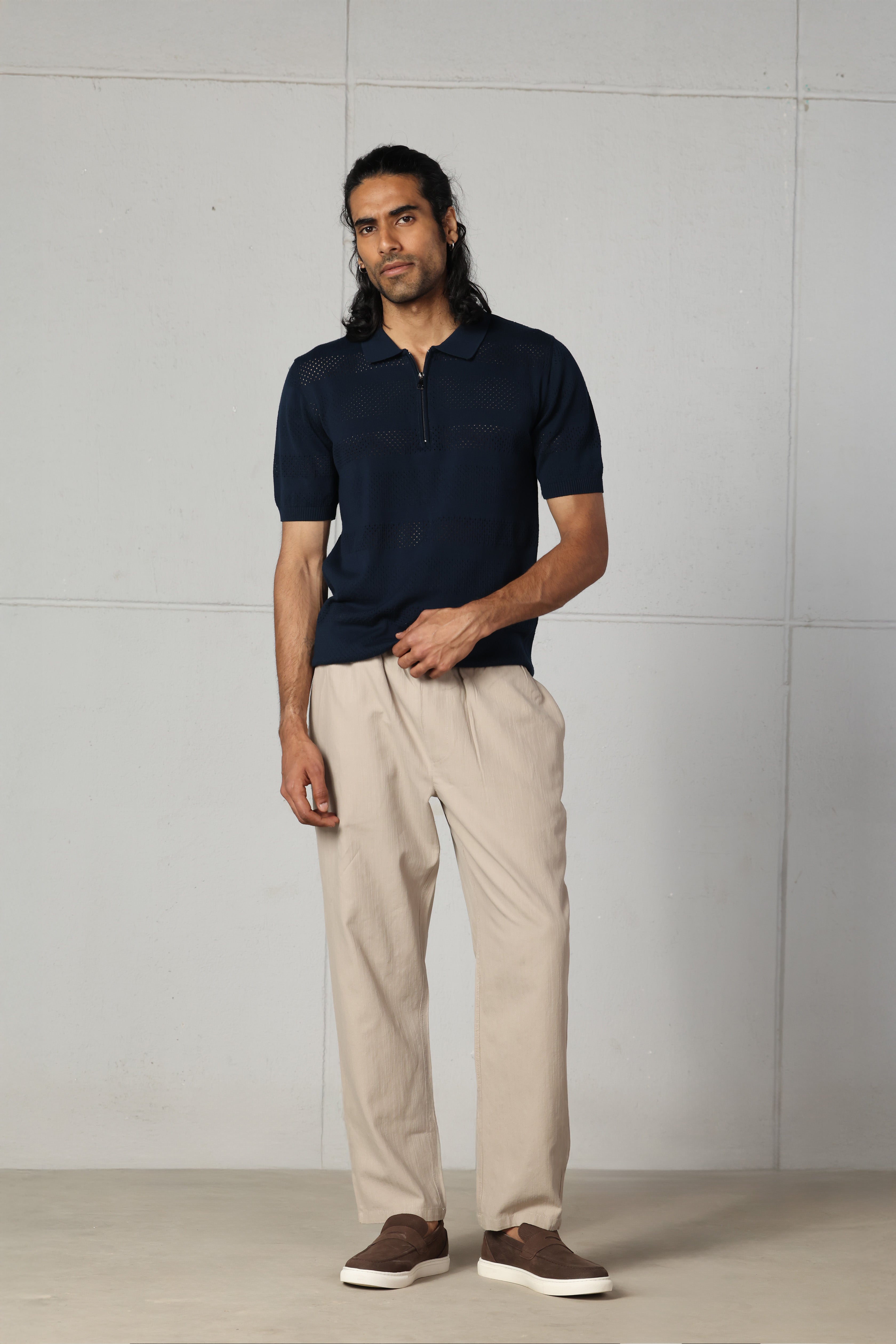 Navy Cutwork Knitted Zipped Polo