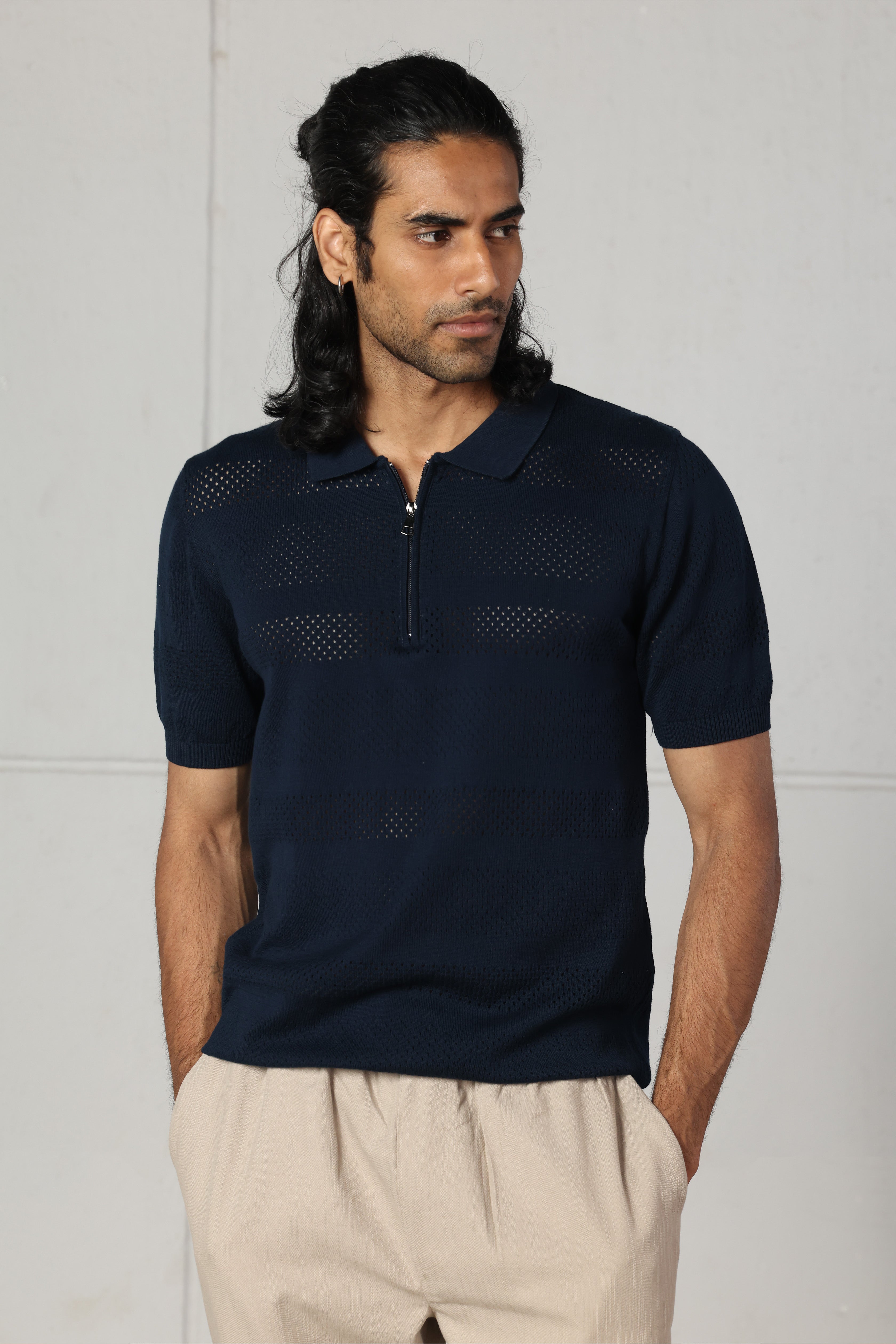 Navy Cutwork Knitted Zipped Polo