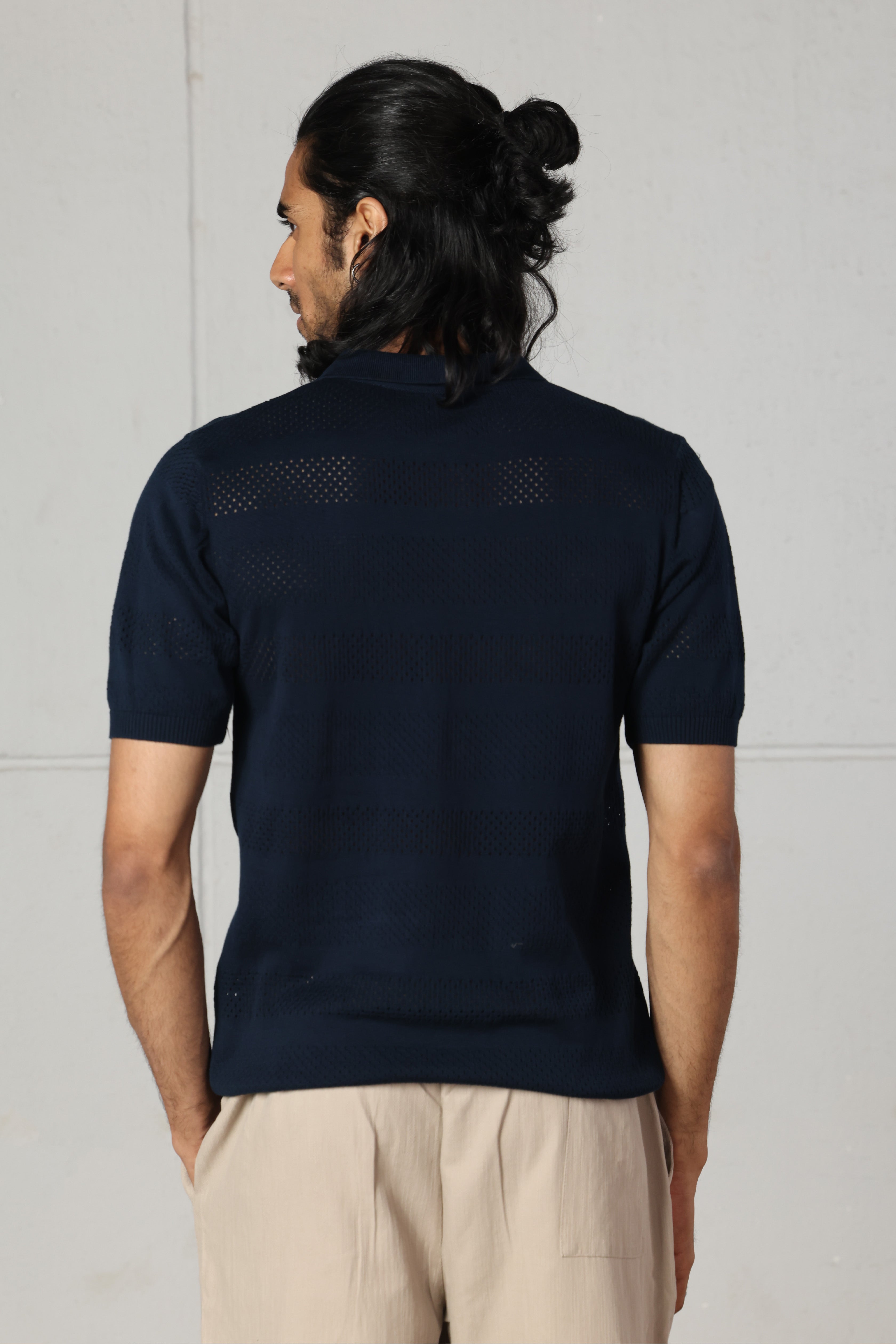 Navy Cutwork Knitted Zipped Polo