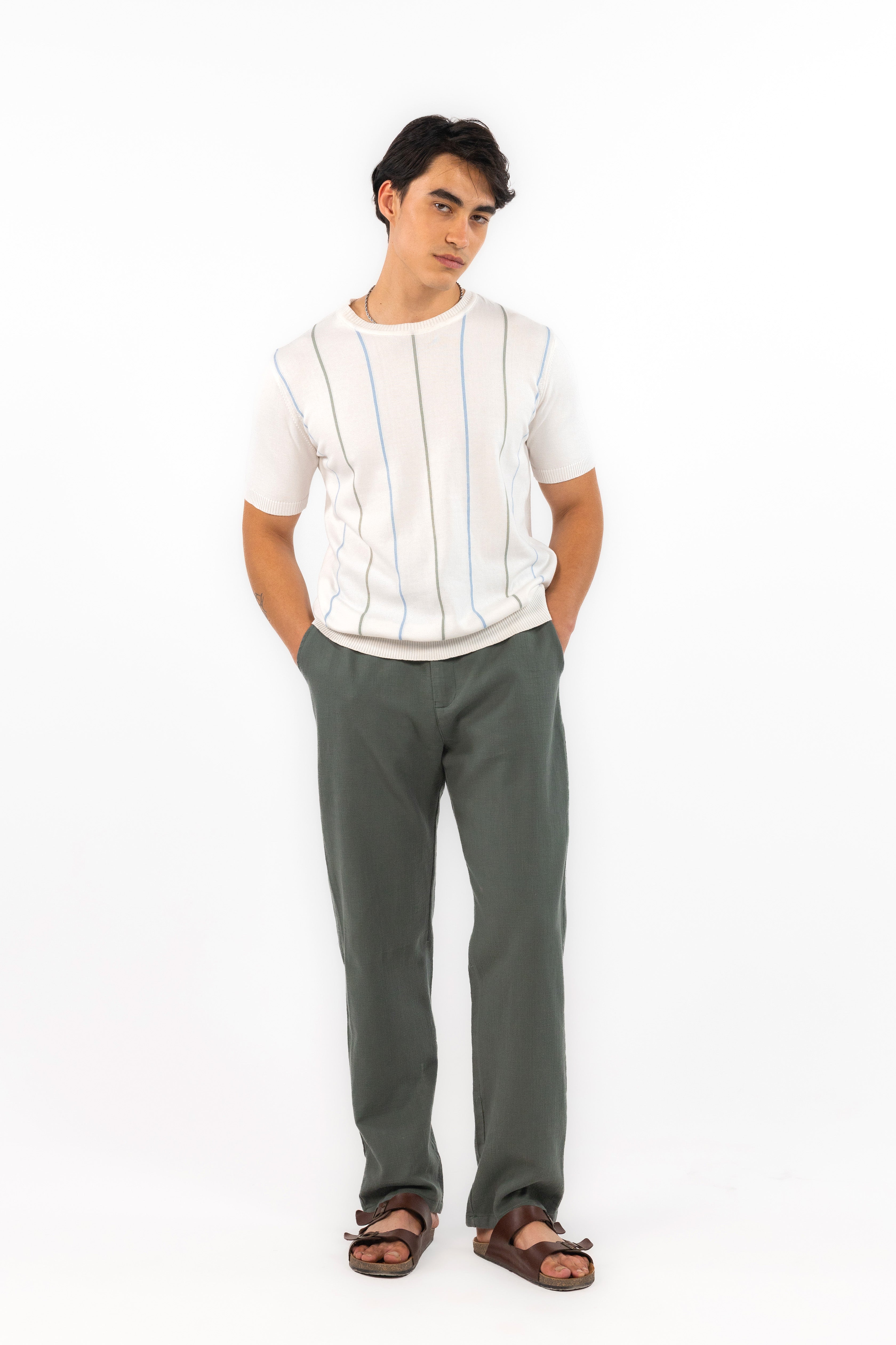 White Fine Striped Knit T-Shirt