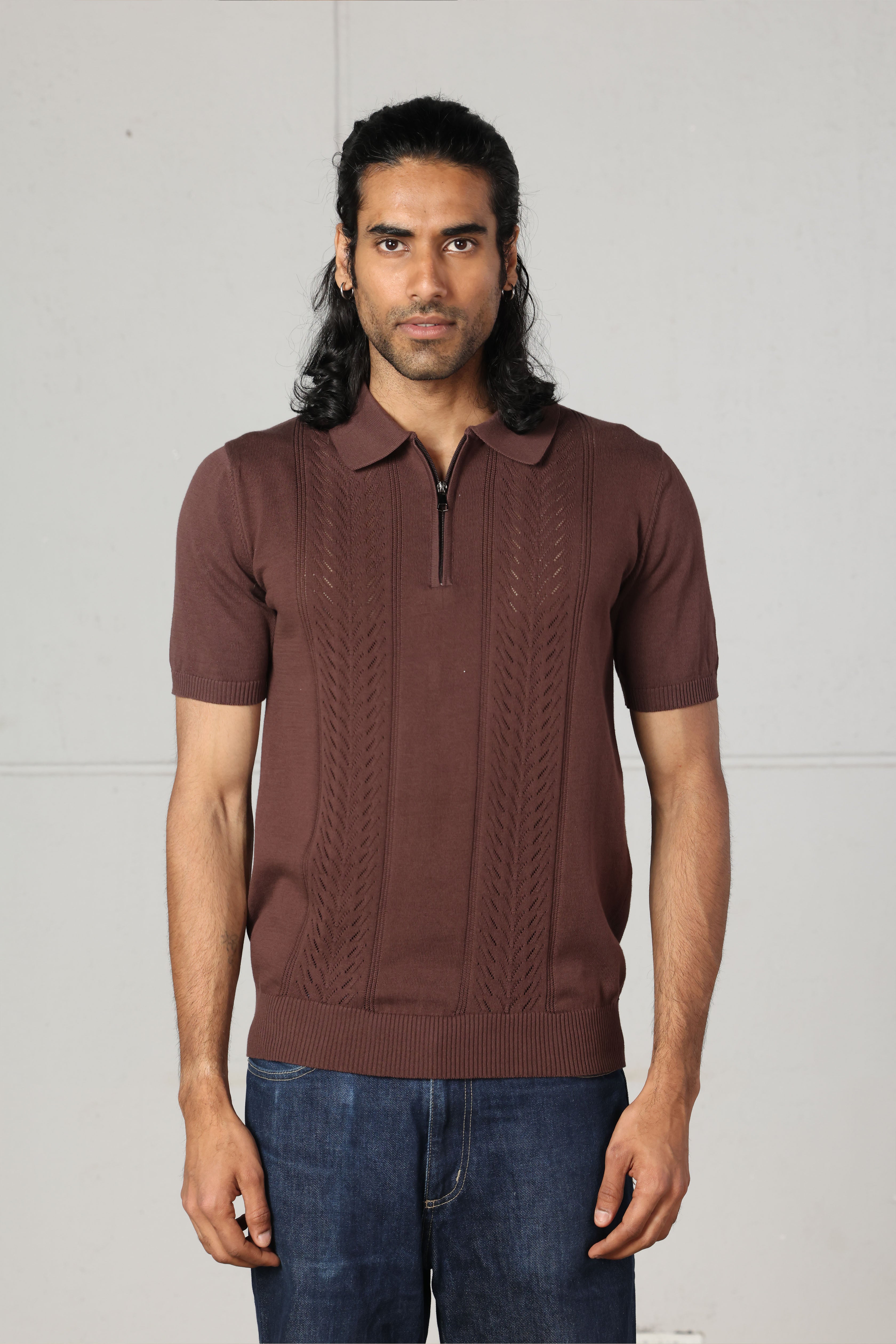 Brown Quarter Zipped Knit Polo