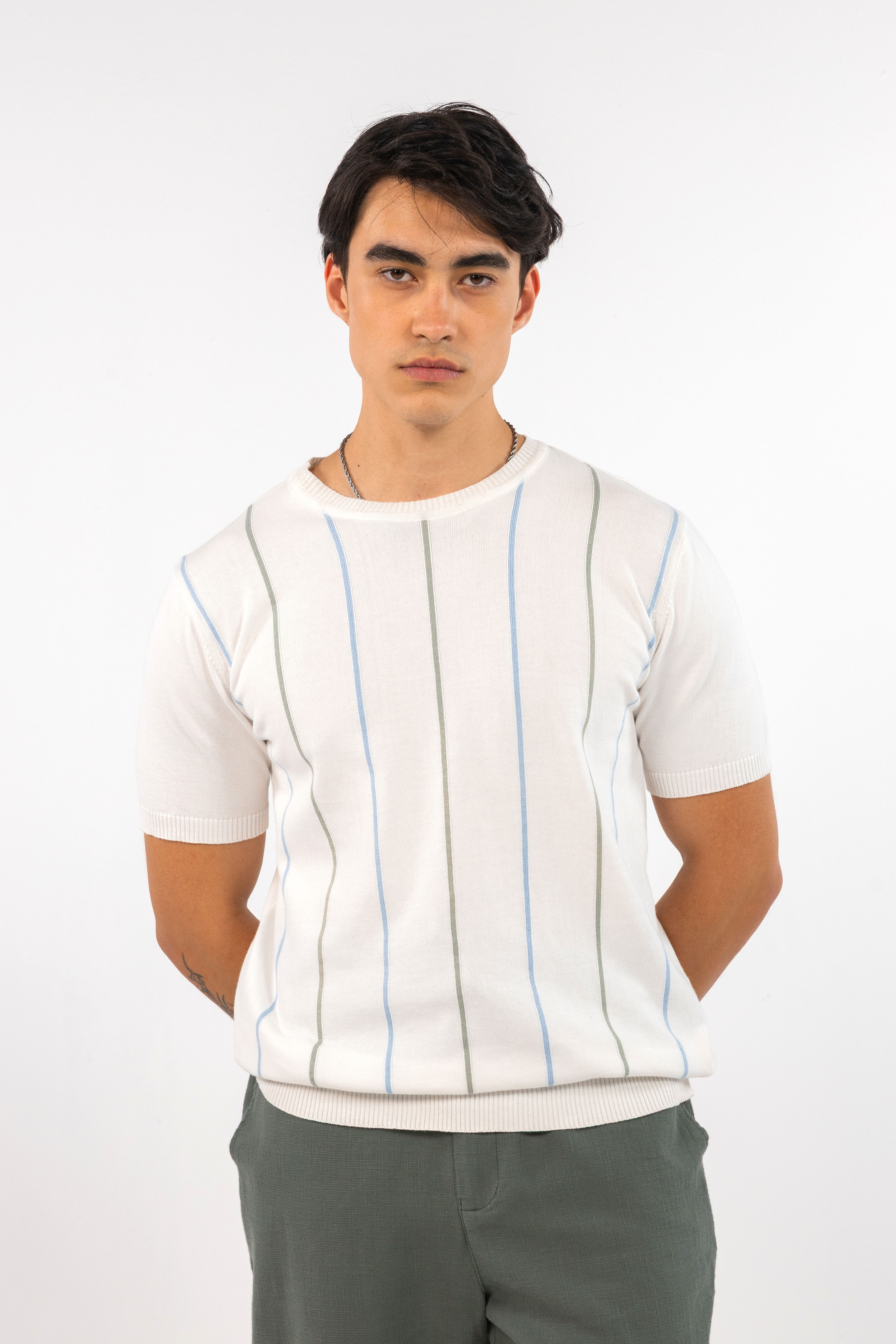White Fine Striped Knit T-Shirt