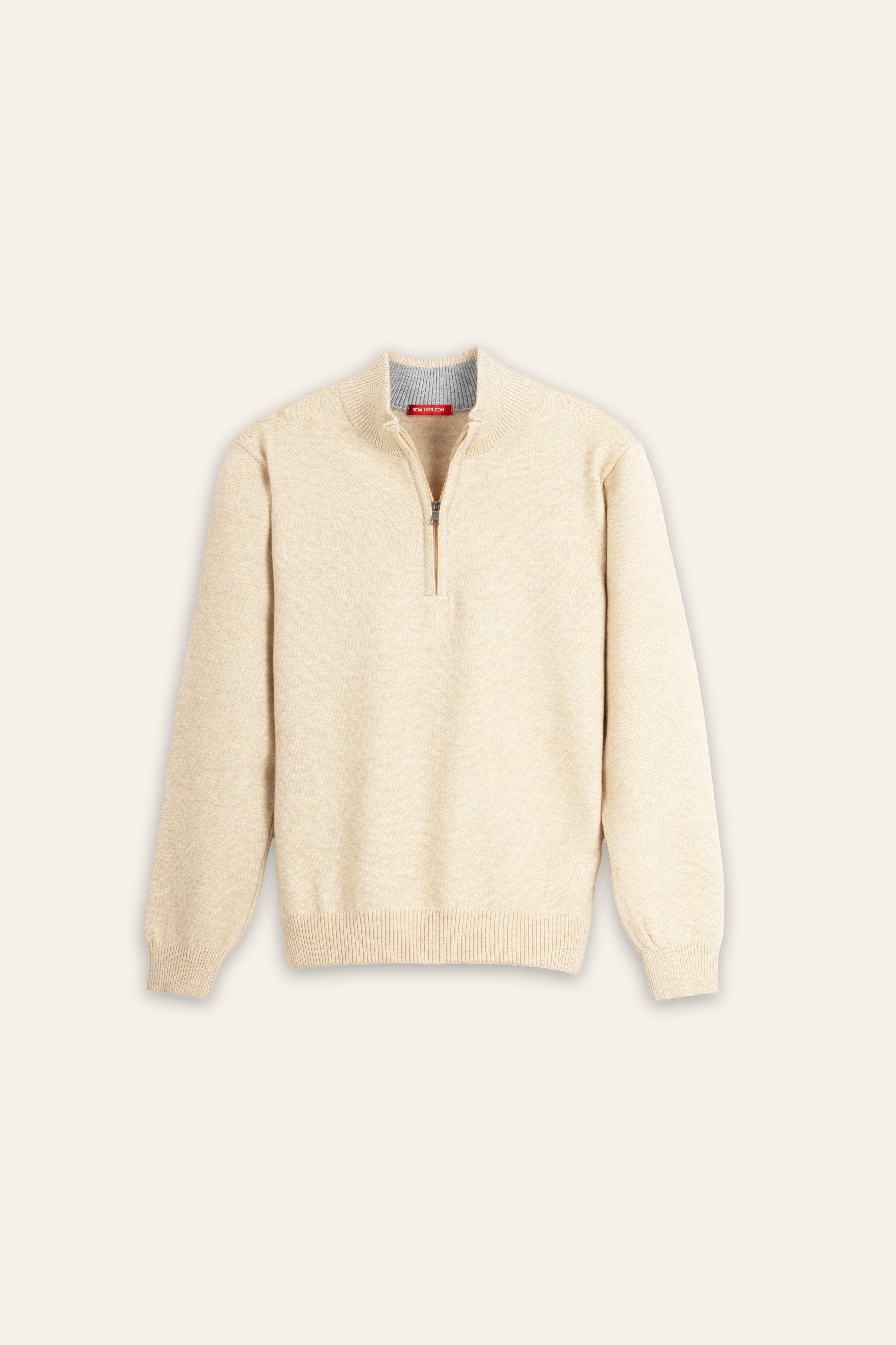 Beige Wool Knitted Quarter-Zip