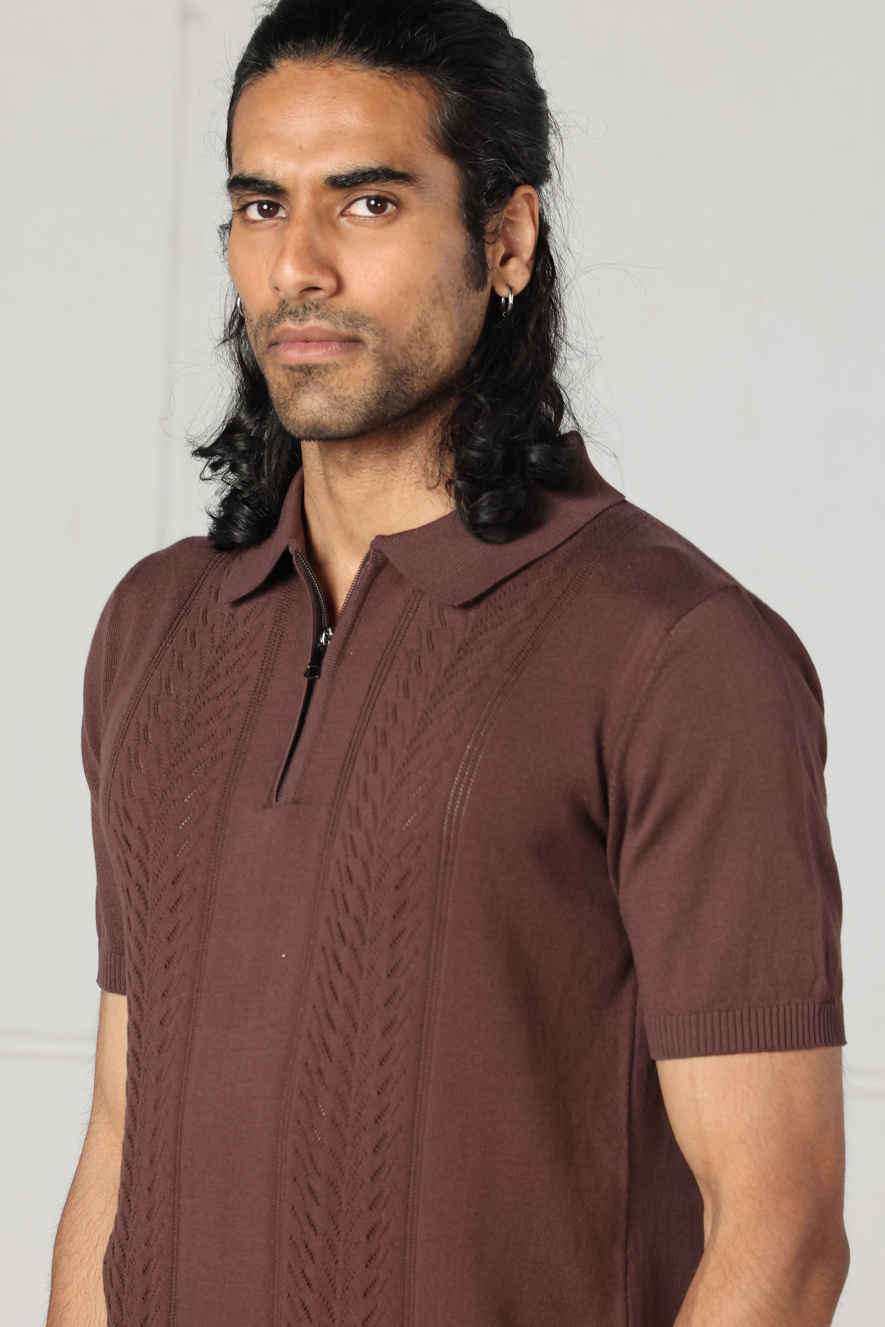 Brown Quarter Zipped Knit Polo