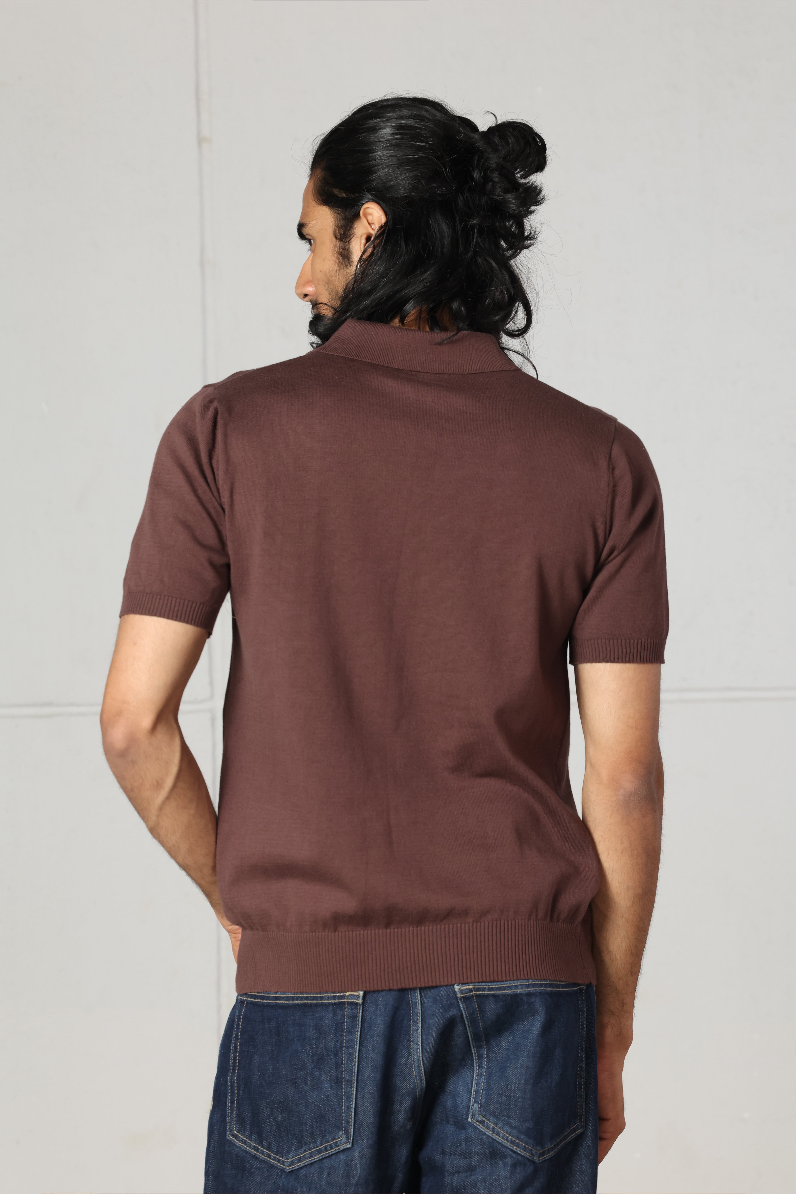 Brown Quarter Zipped Knit Polo