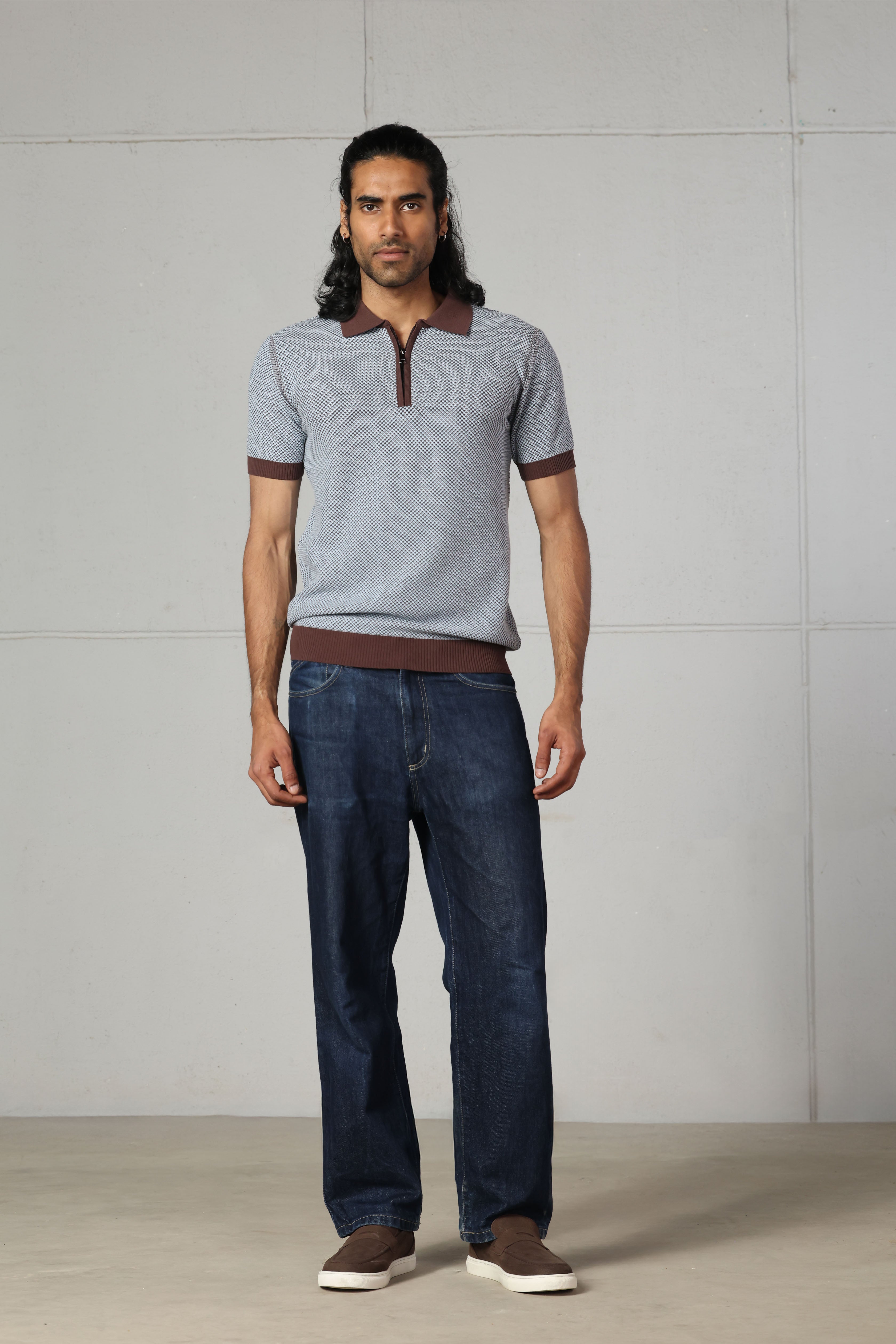 Brown Jacquard Zipped Polo