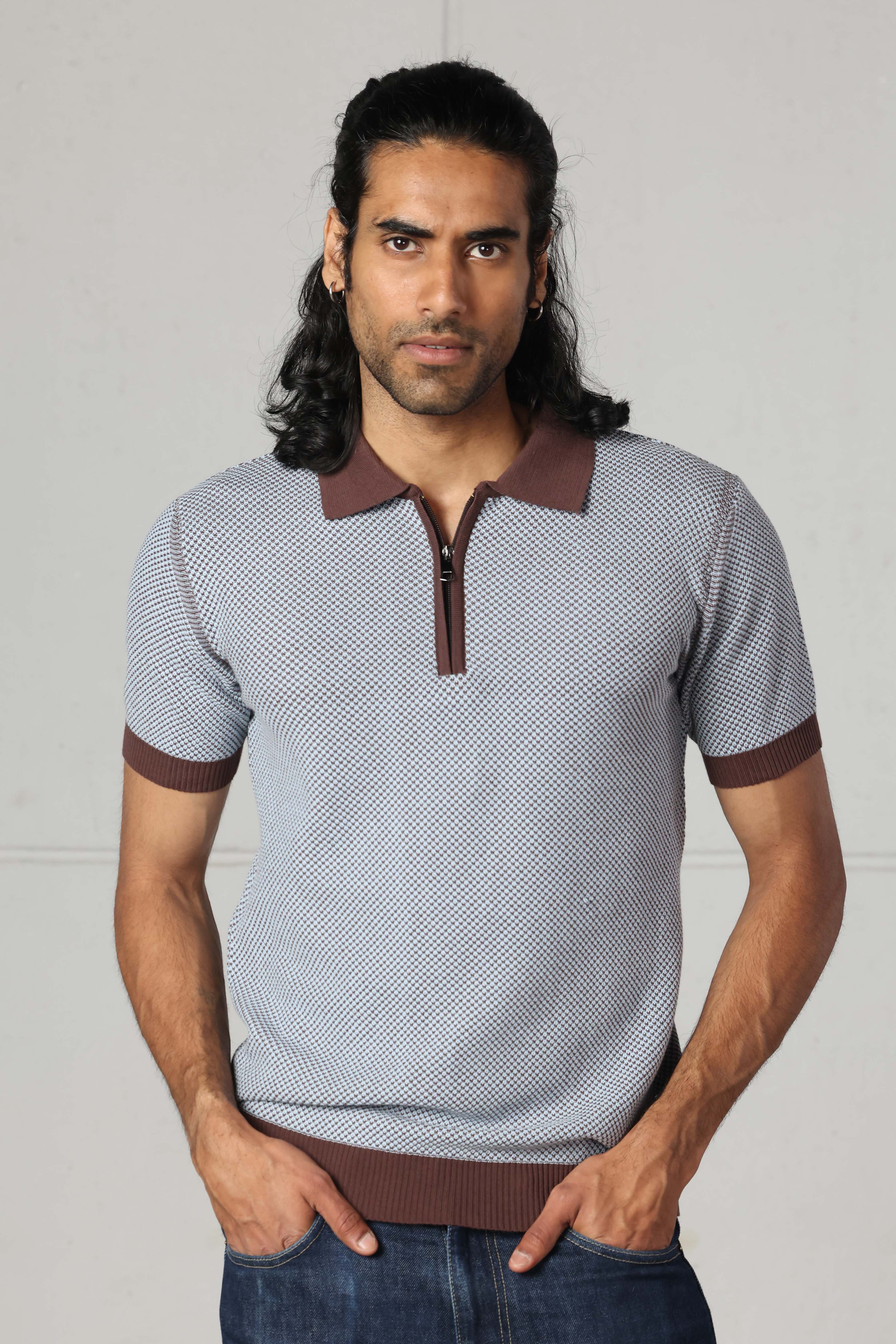 Brown Jacquard Zipped Polo