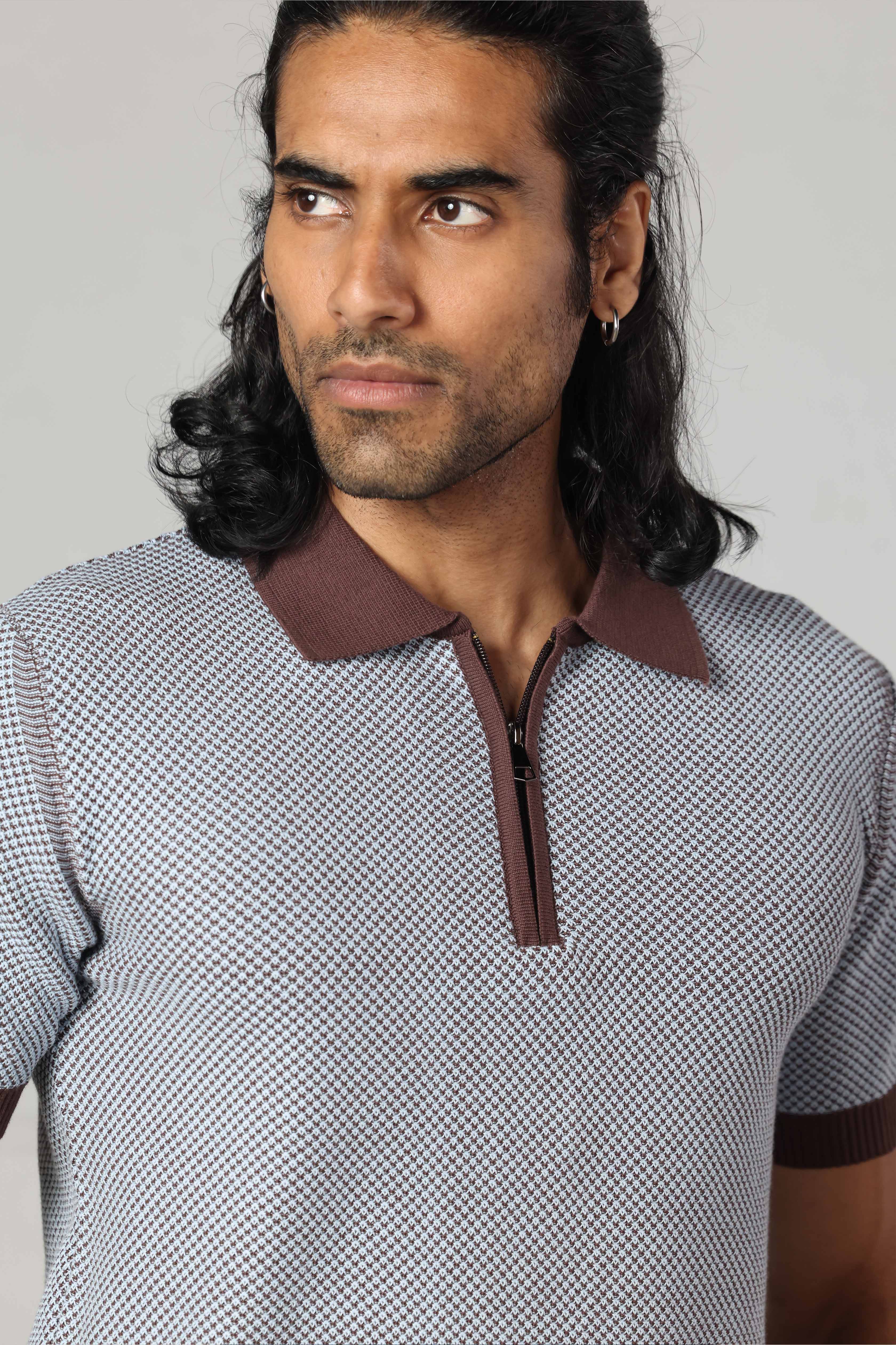 Brown Jacquard Zipped Polo