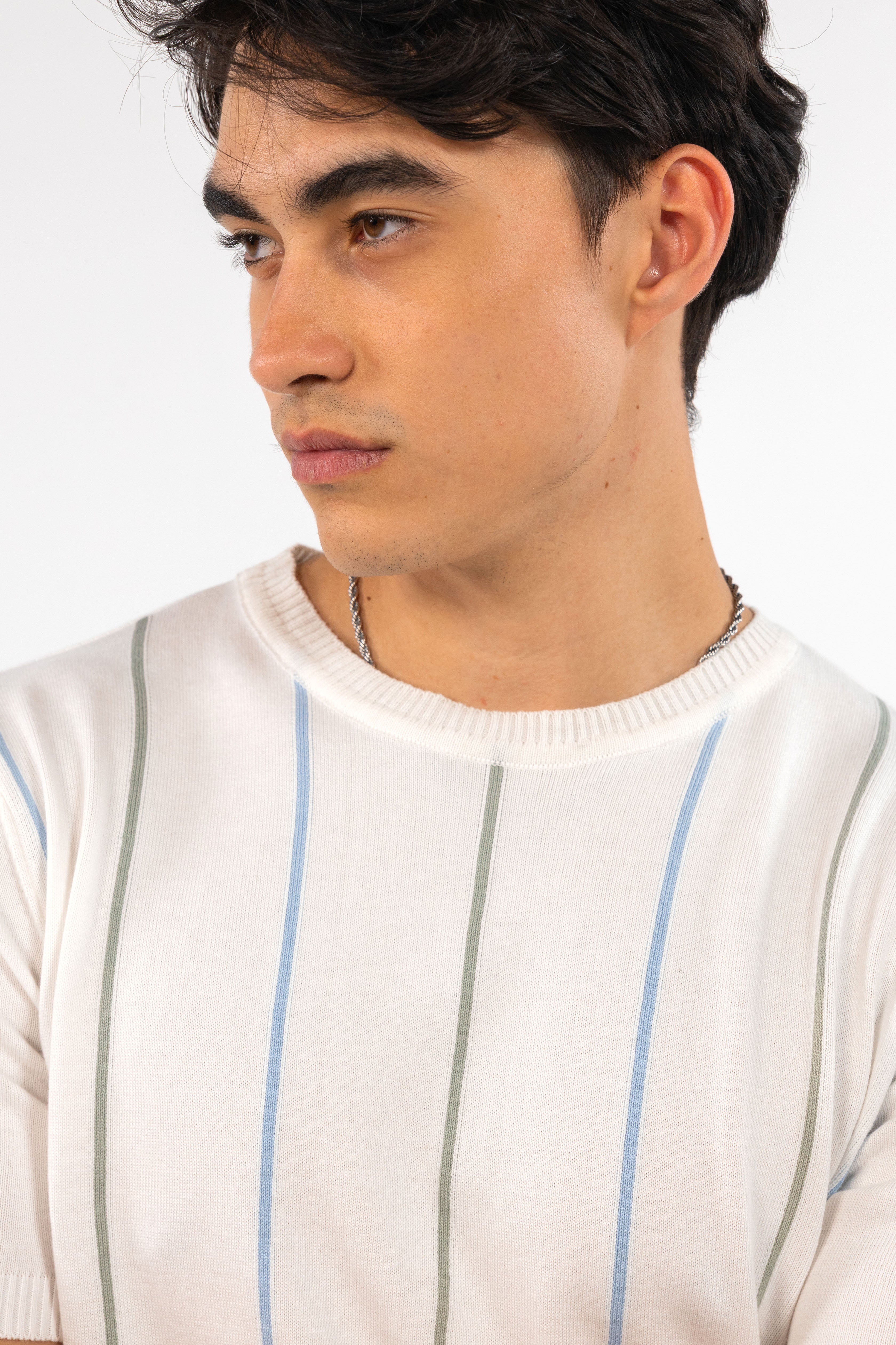 White Fine Striped Knit T-Shirt