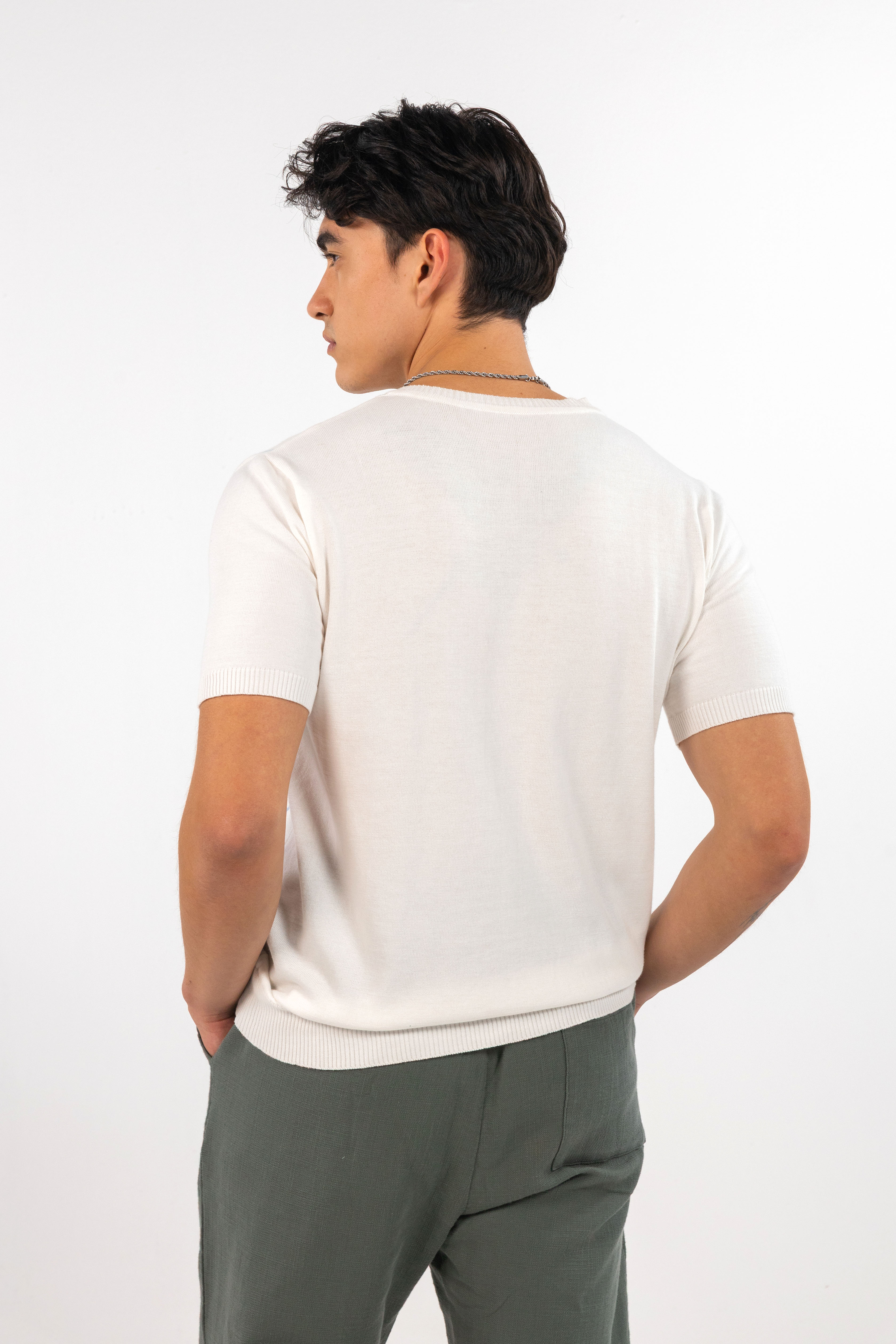 White Fine Striped Knit T-Shirt