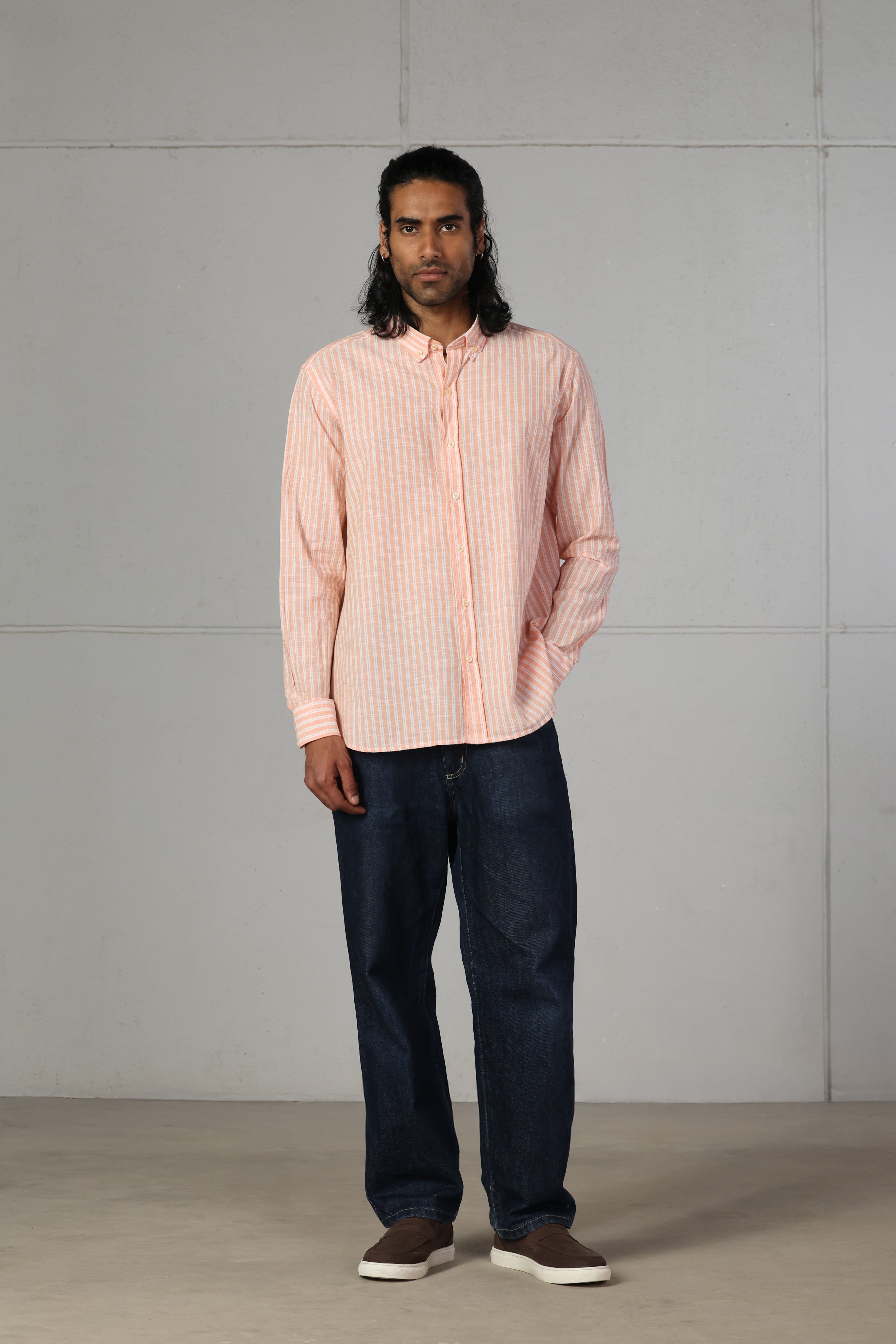 Orange Double Striped Linen-Cotton Shirt