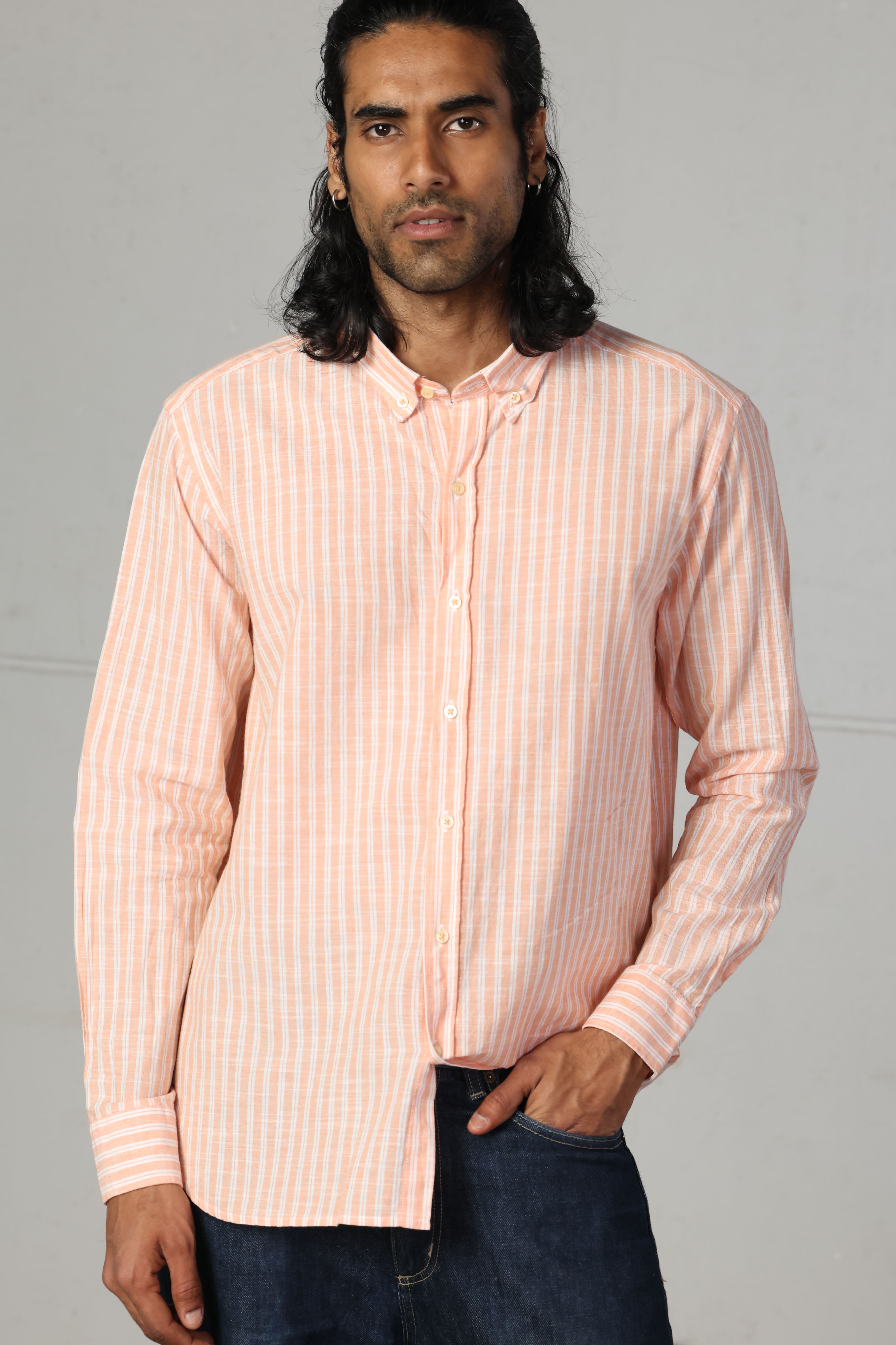Orange Double Striped Linen-Cotton Shirt