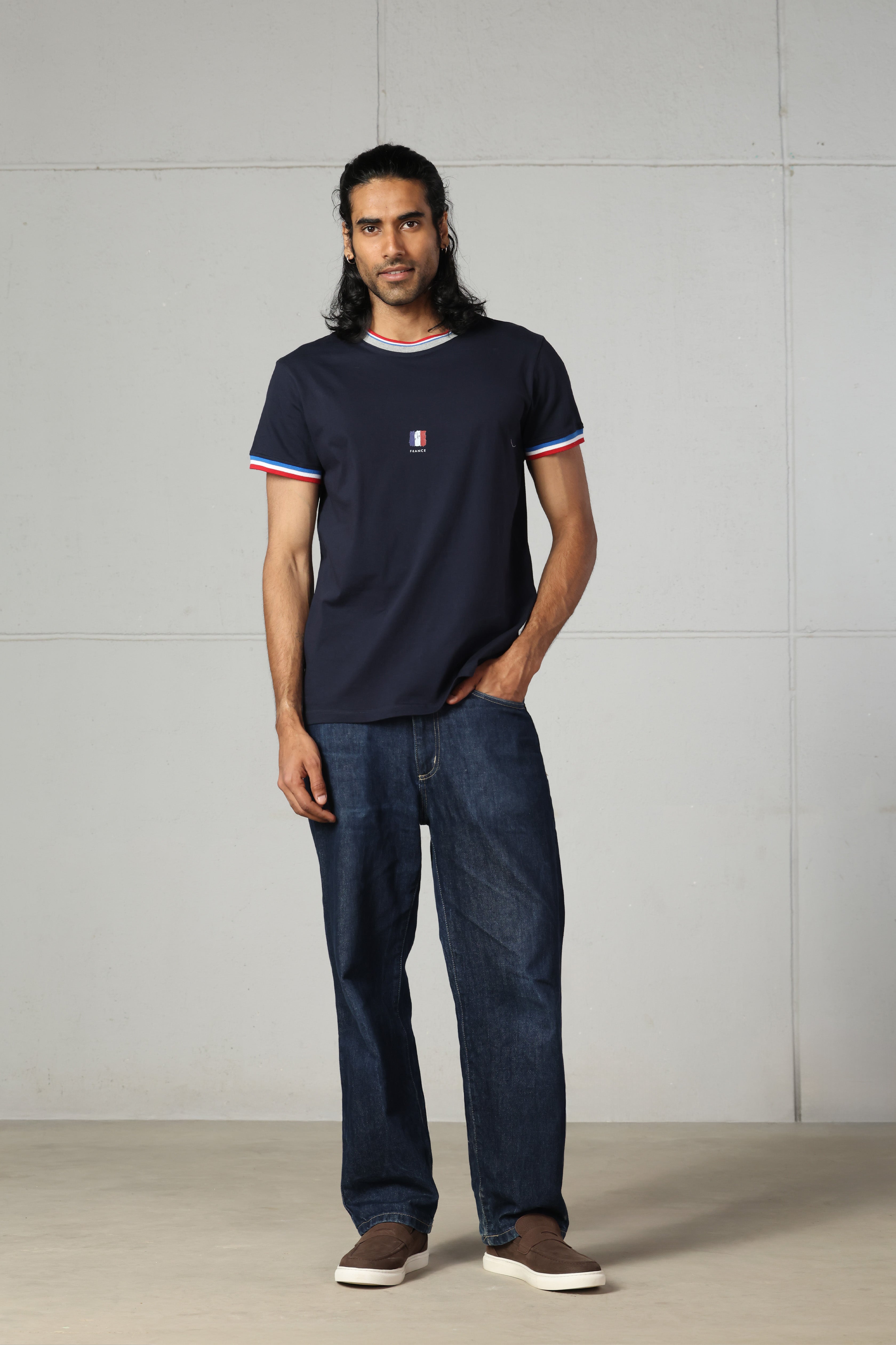 Navy Knitted Collar T-Shirt