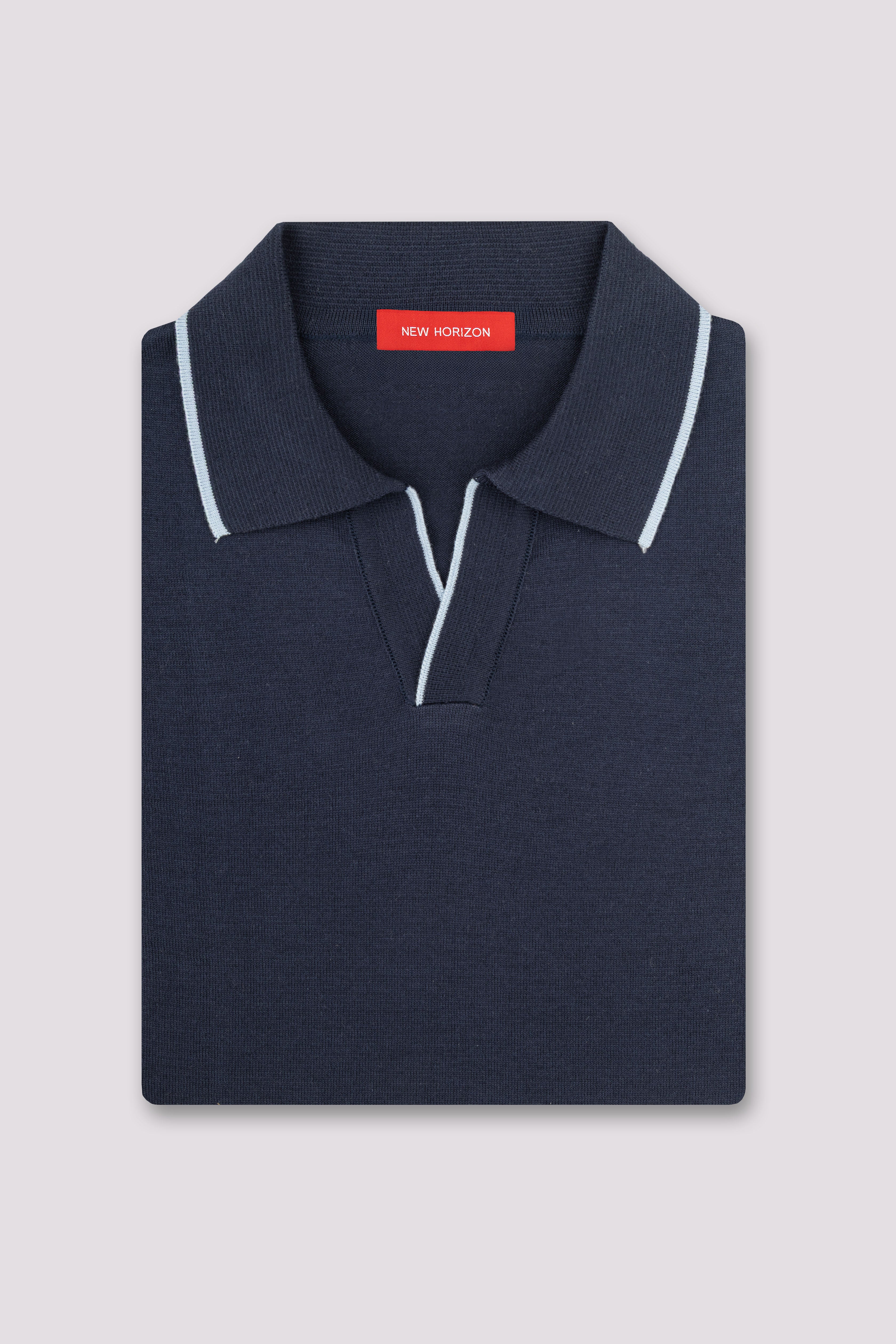 Navy V-Neck Knitted Polo