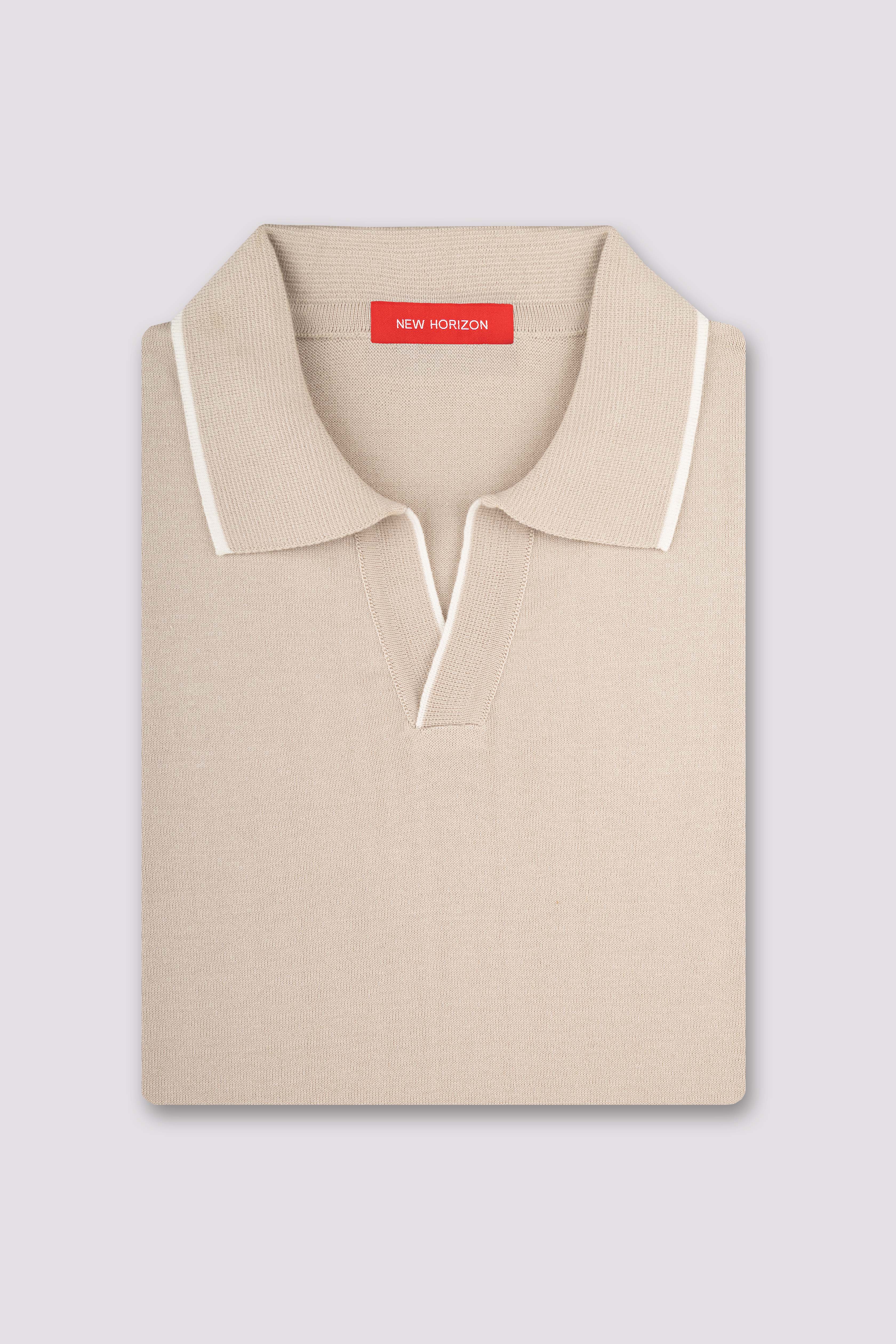 Beige V-Neck Knitted Polo
